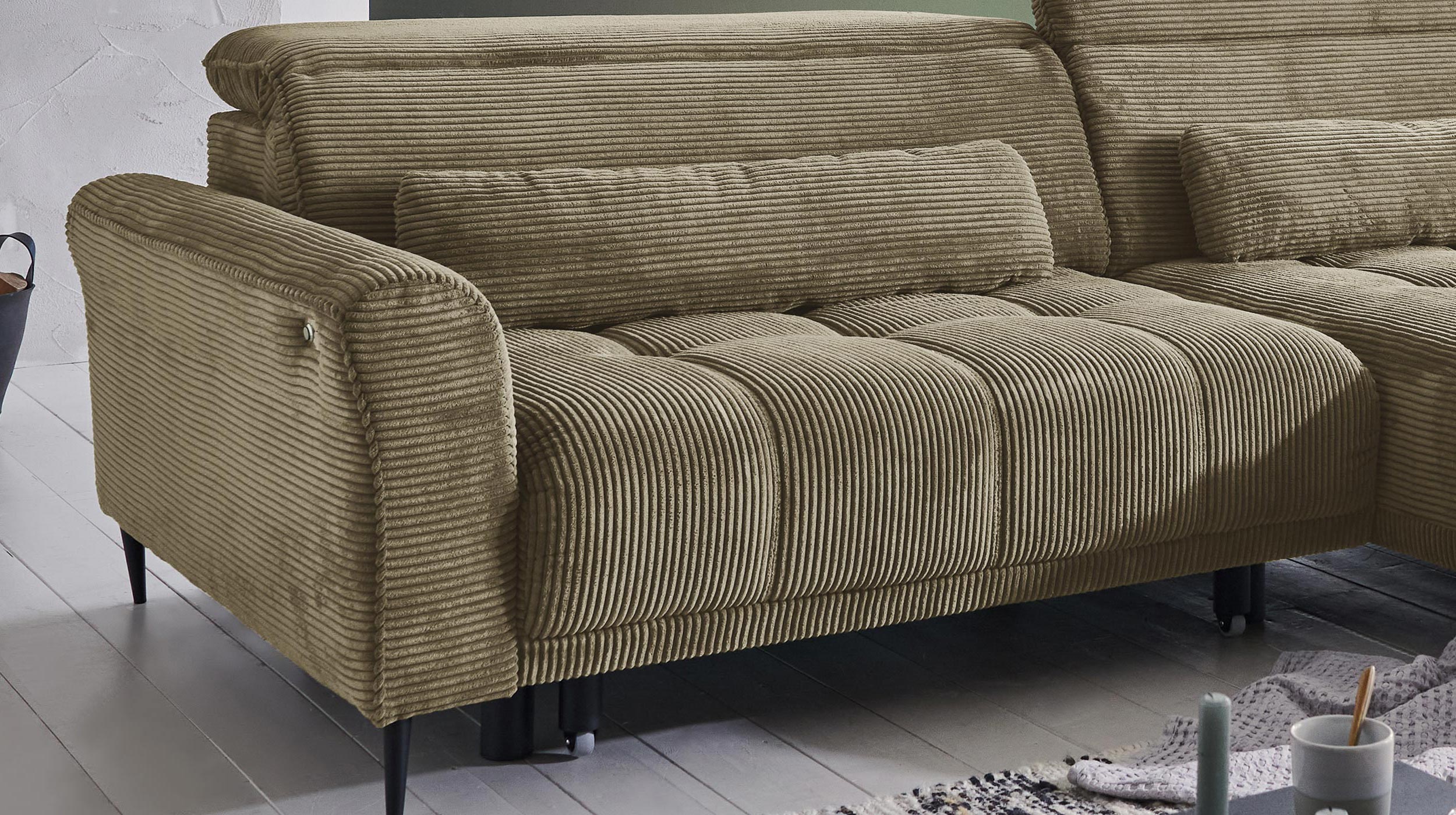 Ecksofa Cord grün ausziehbar - Sitztiefenverstellung - 277 cm - OT rechts - LOGAN