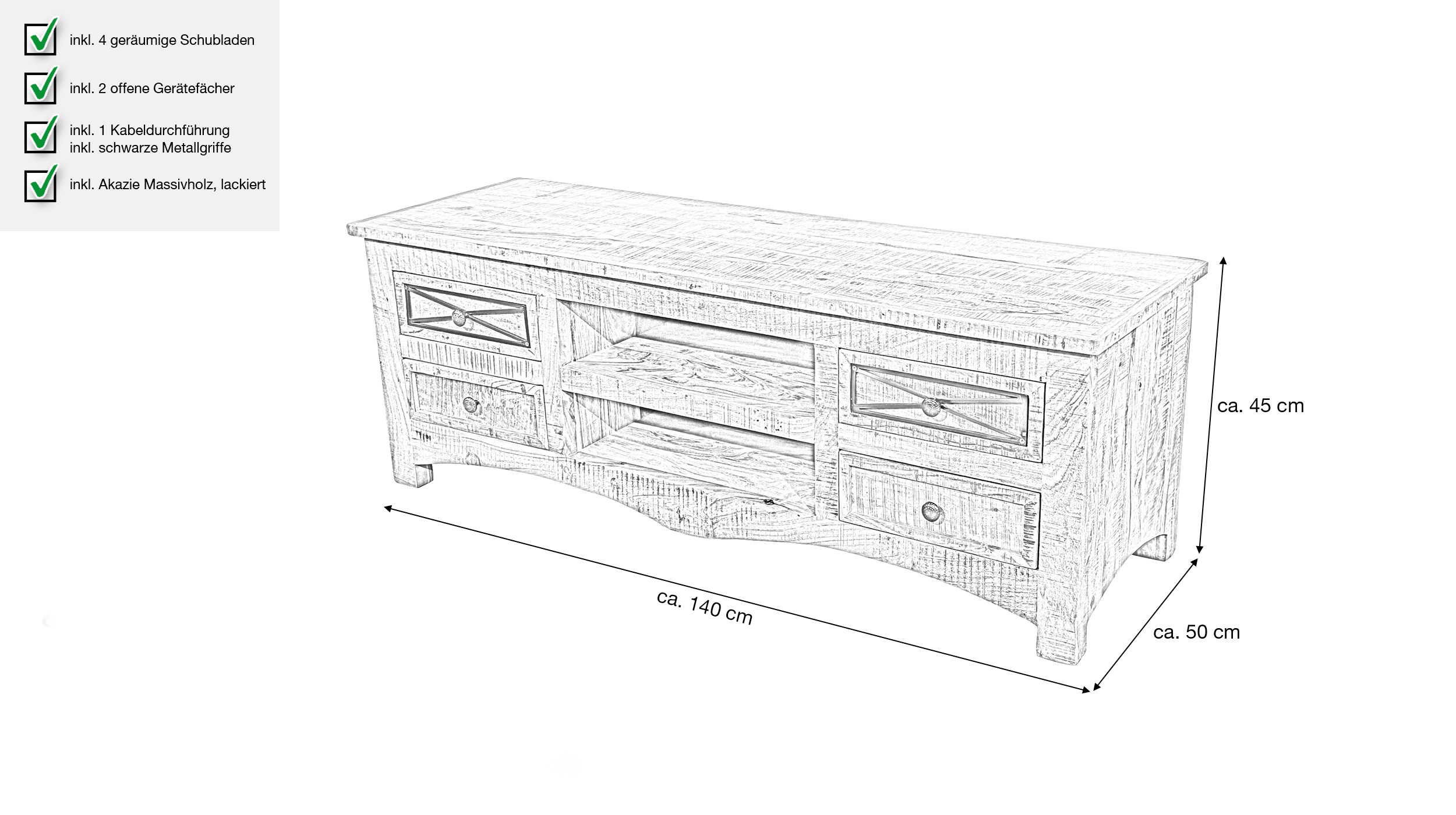 TV - Lowboard Akazie massiv lackiert montiert 140 cm - ACANO