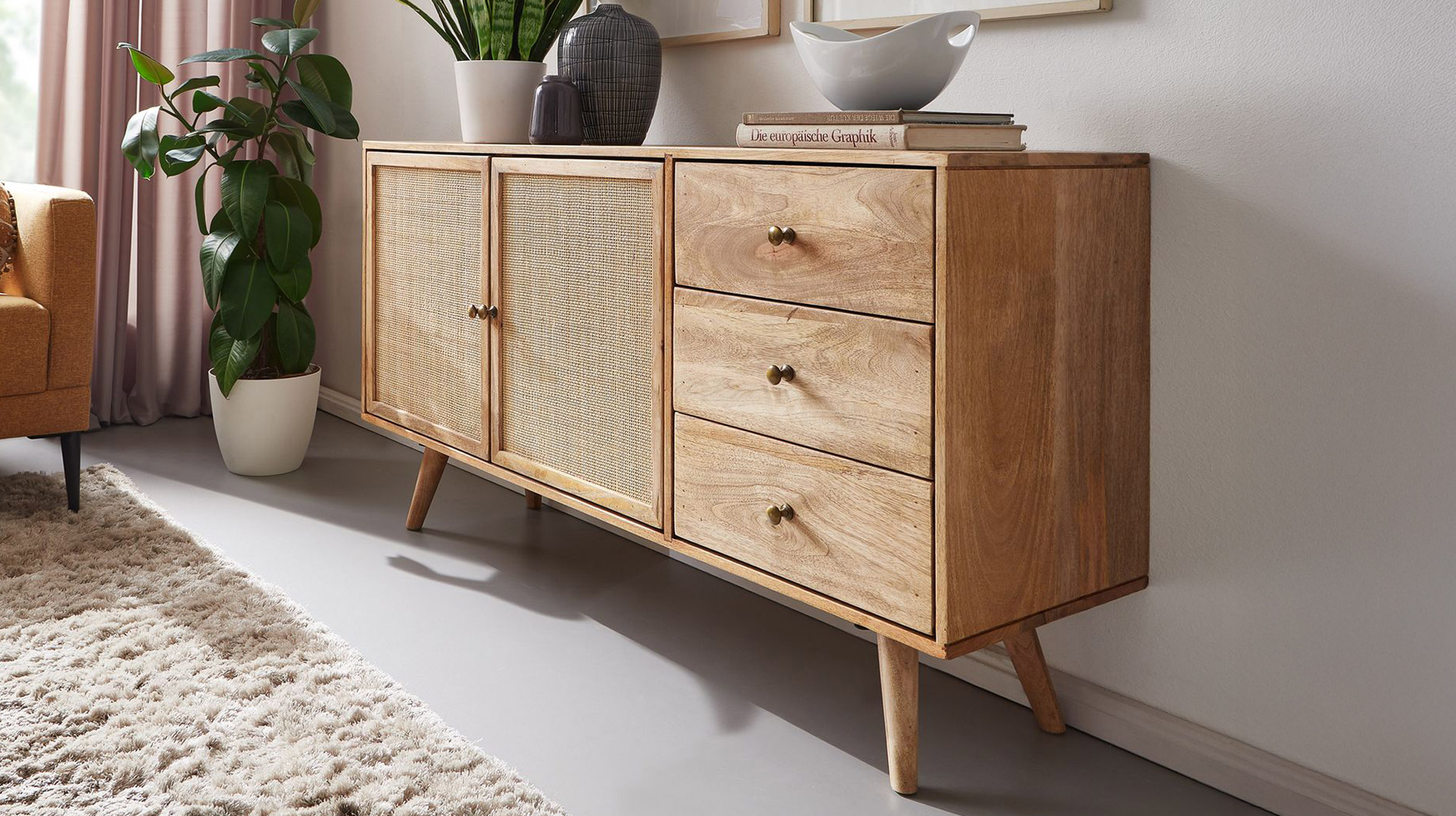 Sideboard mit 3 Schubladen Mango massiv - Rattan 140 cm - RIKARD