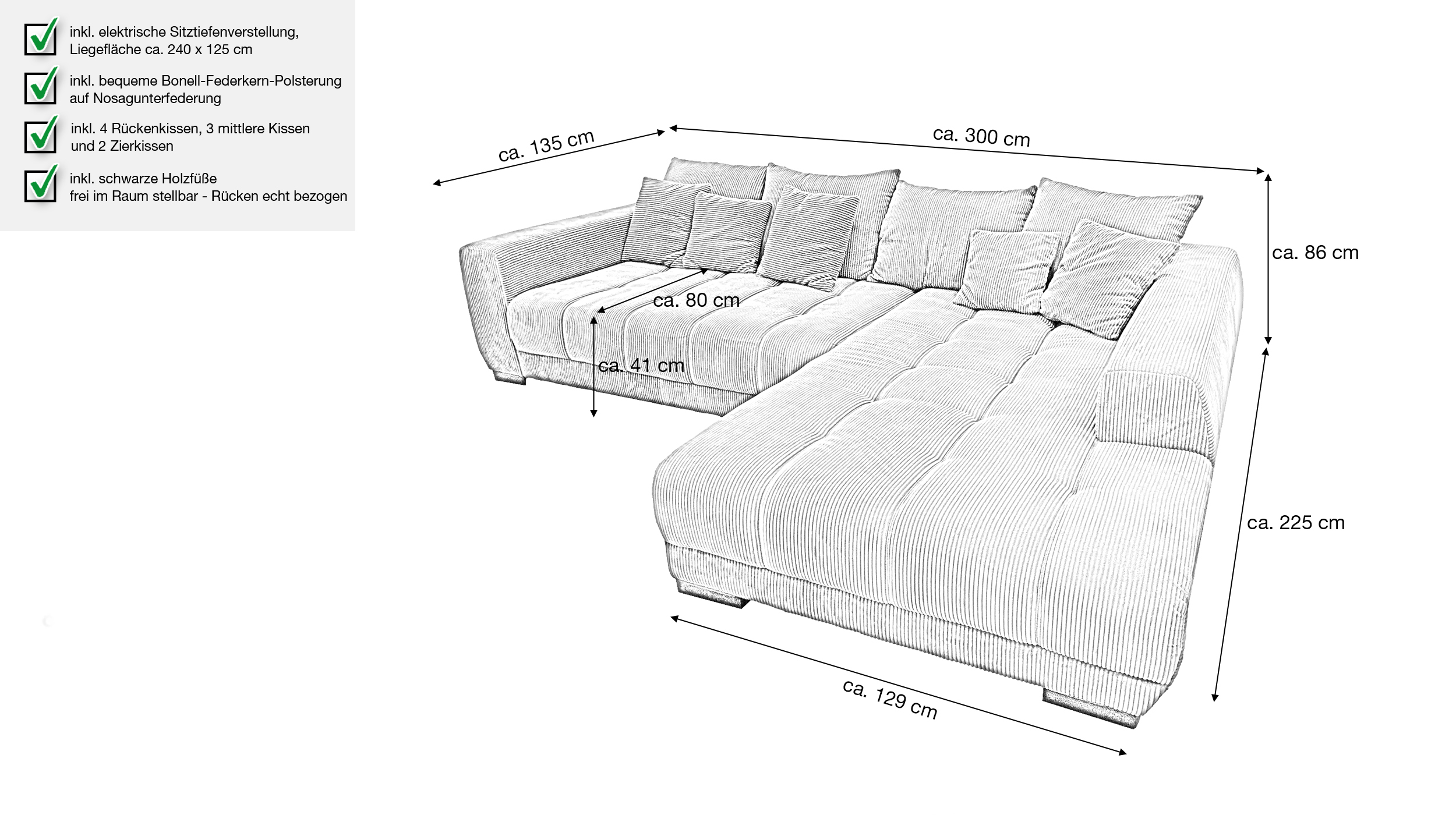 Ecksofa Cord beige elektrisch ausfahrbar 300 cm - OT rechts - ARTEMIS