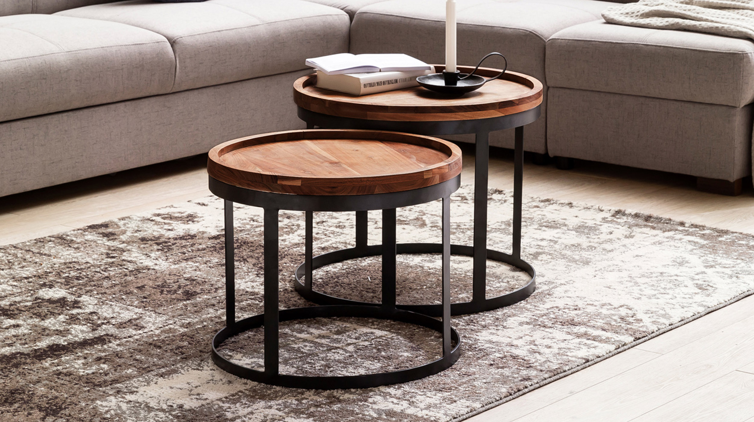 Couchtisch 2er-Set Sheesham massiv gebeizt - 53 cm - 48 cm - TRANA