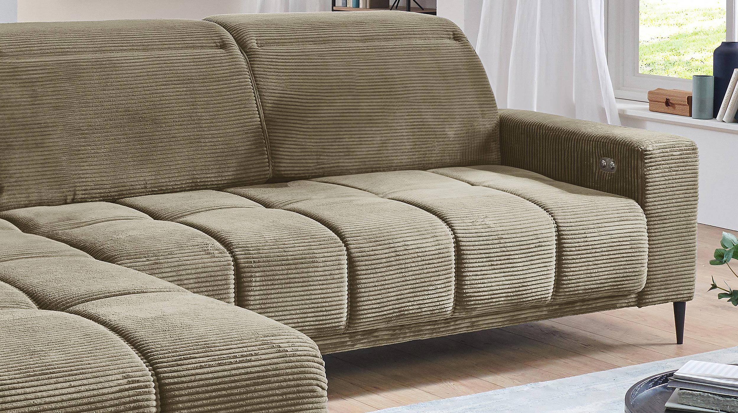 Ecksofa Cord grün ausziehbar - Sitztiefenverstellung 286 cm - OT links - MARISOL