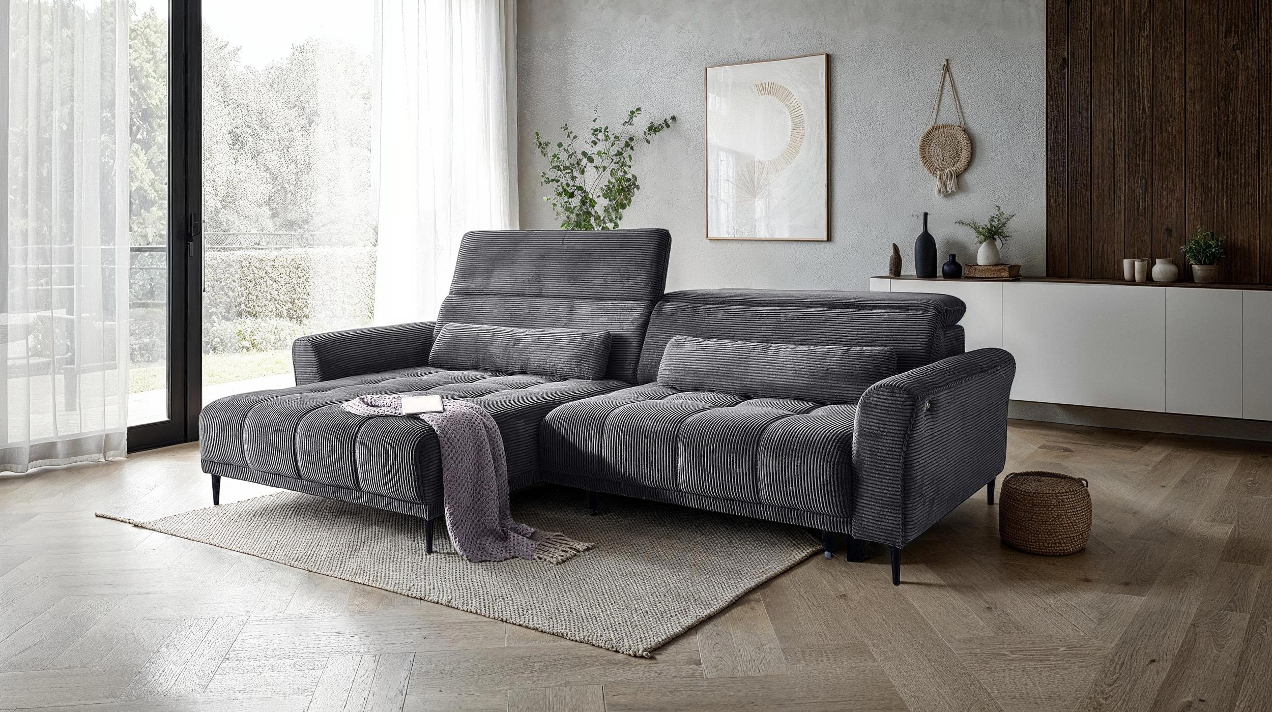 Ecksofa Cord grau ausziehbar - Sitztiefenverstellung - 277 cm - OT links - LOGAN
