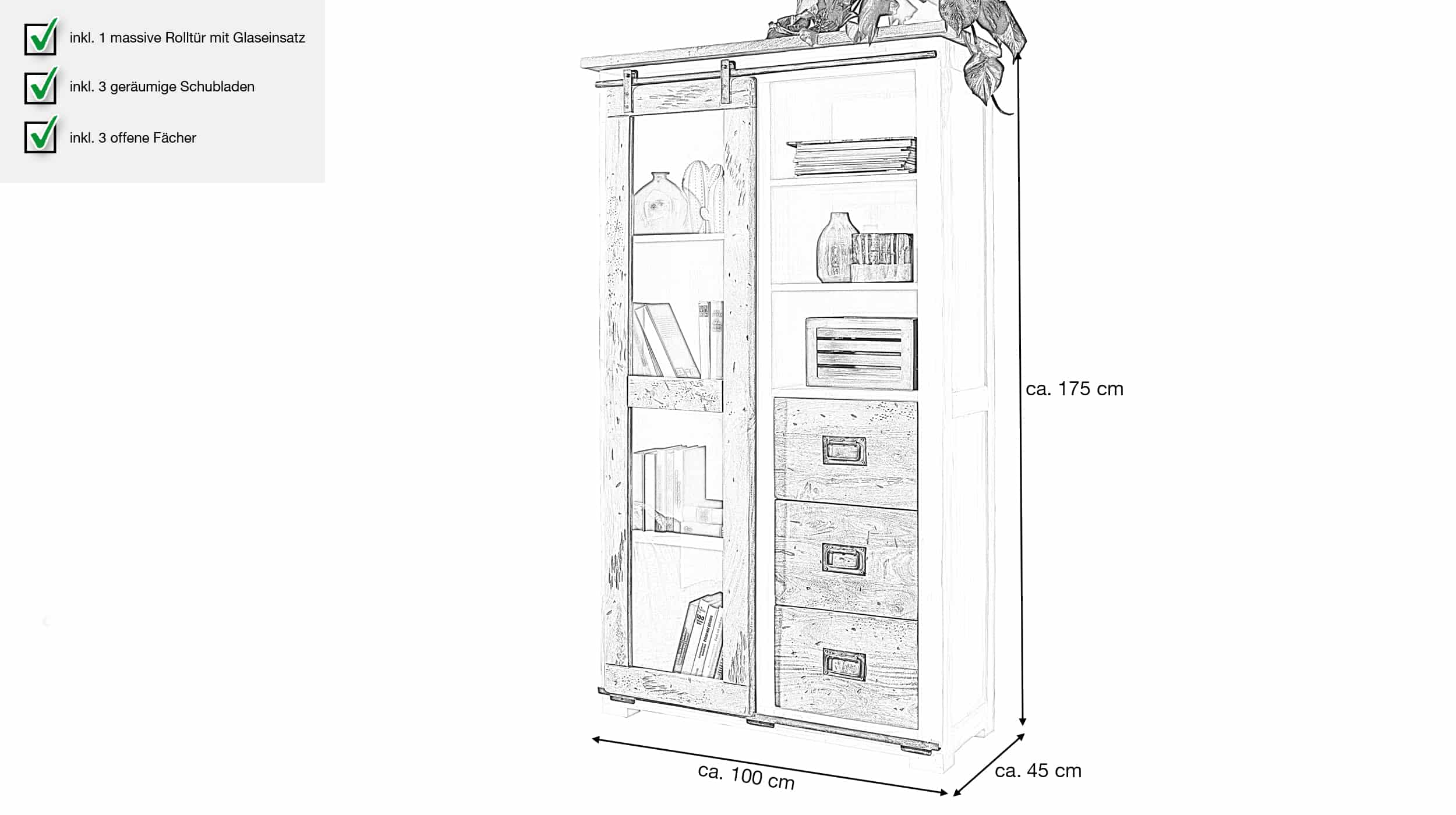 Vitrine mit Glastür Massivholz Mango 175 cm - EMANUEL