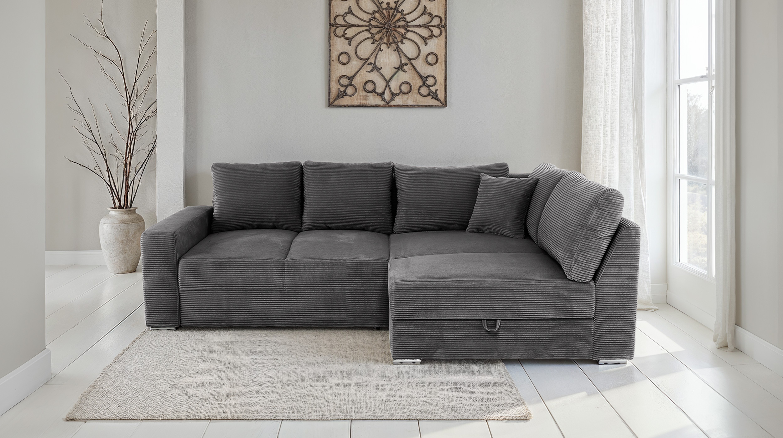 Ecksofa Schlaffunktion Cord grau - Bettkasten 260 cm - JANIS