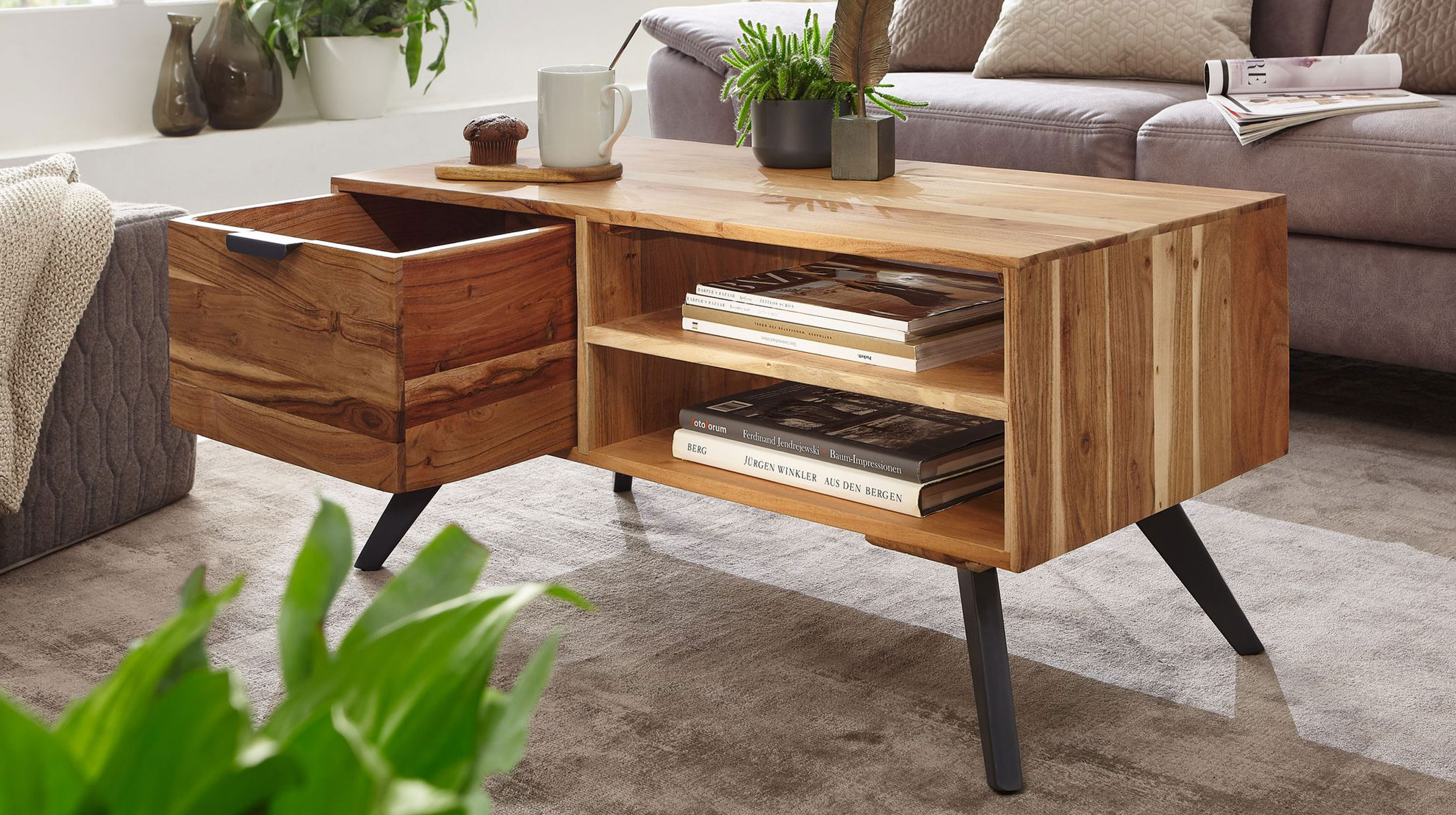 Couchtisch mit Schublade Akazie massiv lackiert 95 x 45 cm - CAYA 