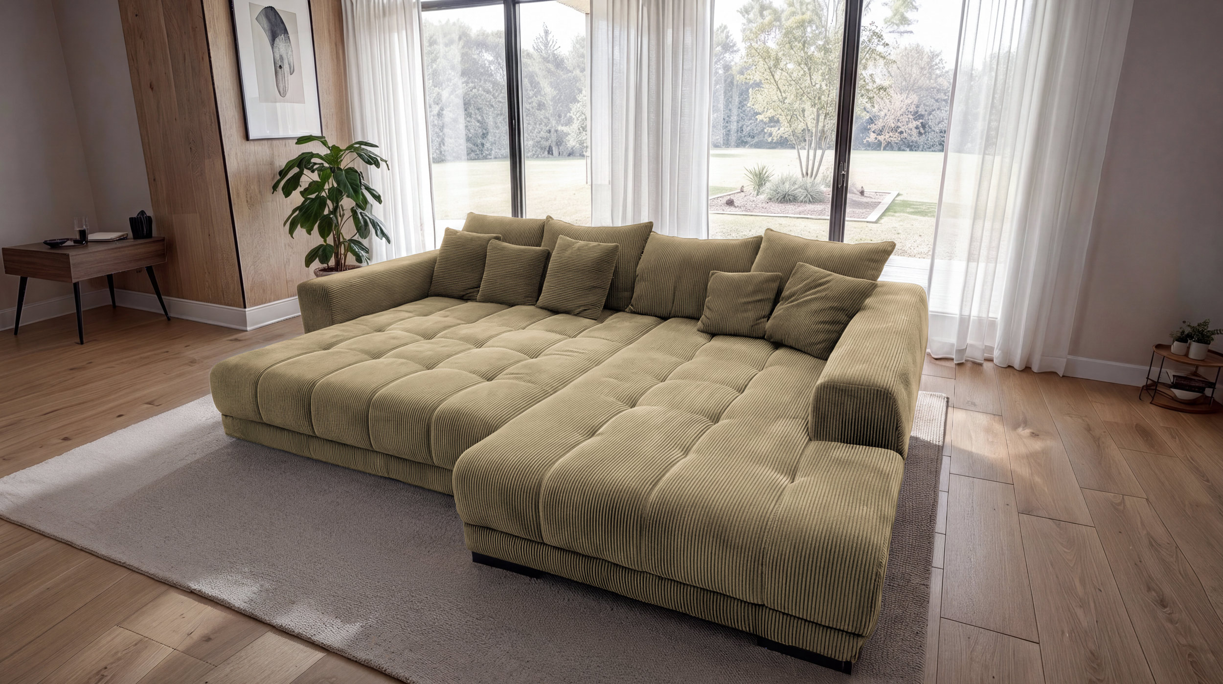 Ecksofa Cord grün elektrisch ausfahrbar 300 cm - OT rechts - ARTEMIS