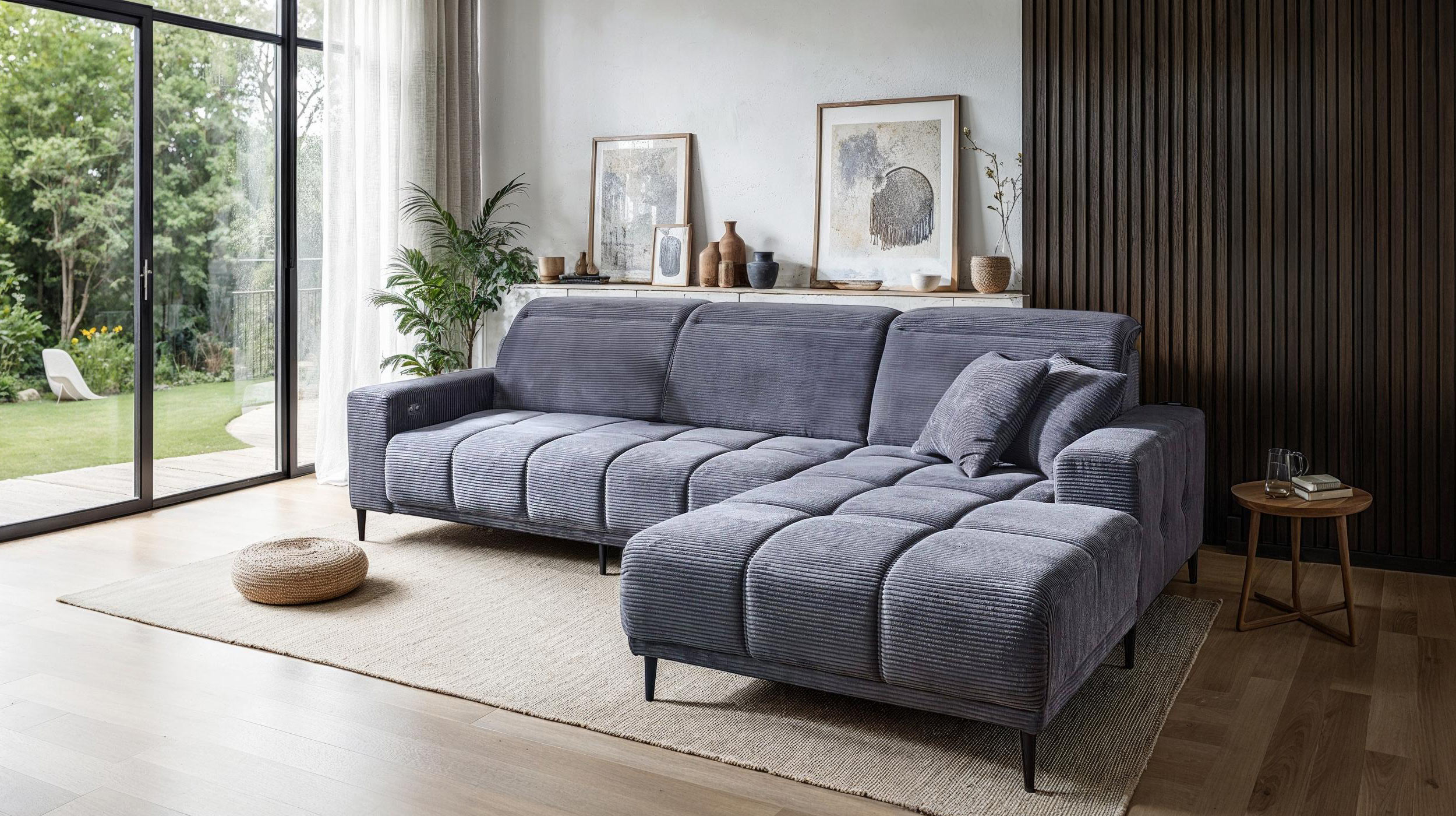 Ecksofa Cord grau ausziehbar - Sitztiefenverstellung 286 cm - OT rechts - MARISOL