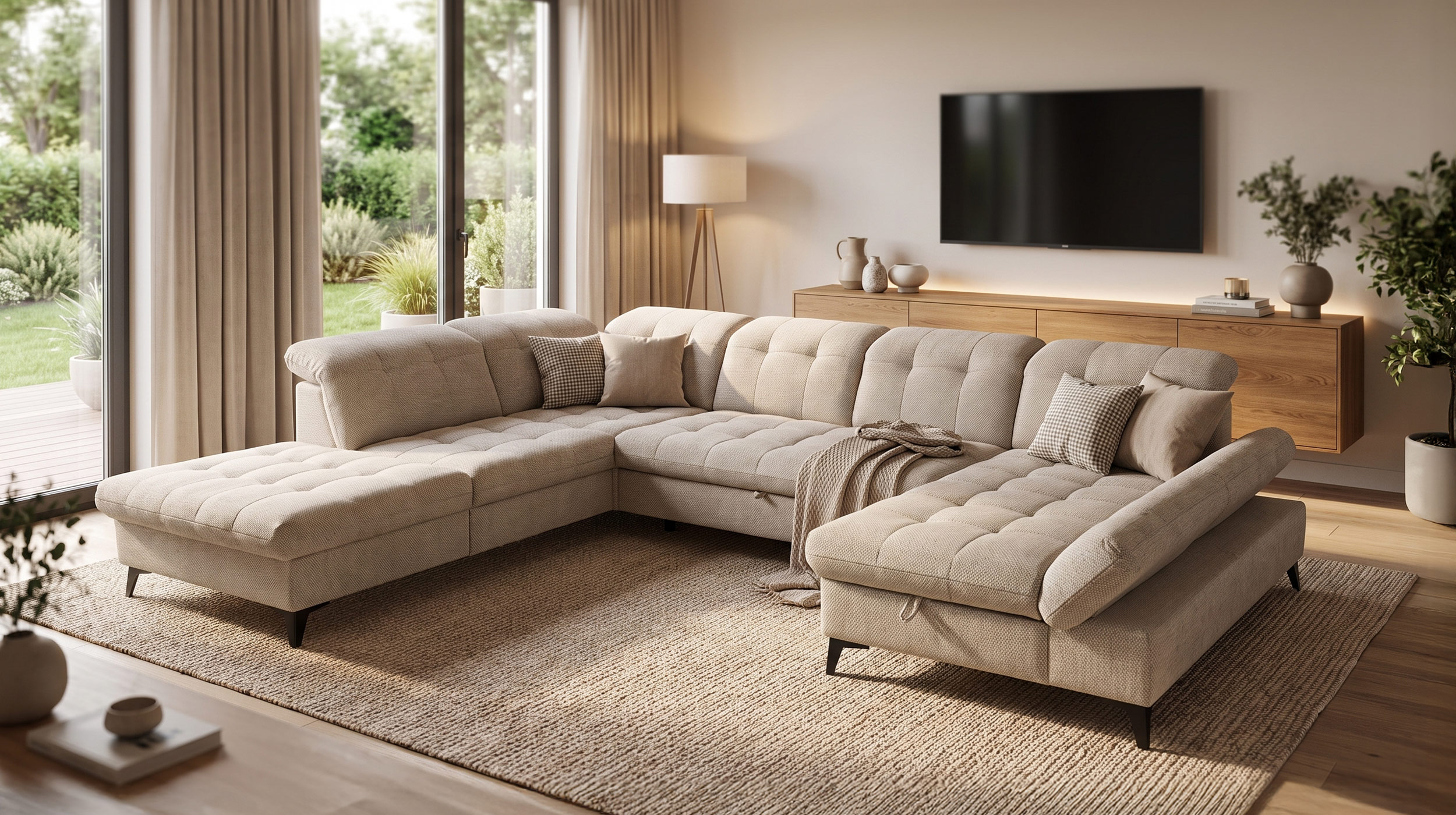 Wohnlandschaft Schlaffunktion Bettkasten Beige-Kaschmir - MERCY