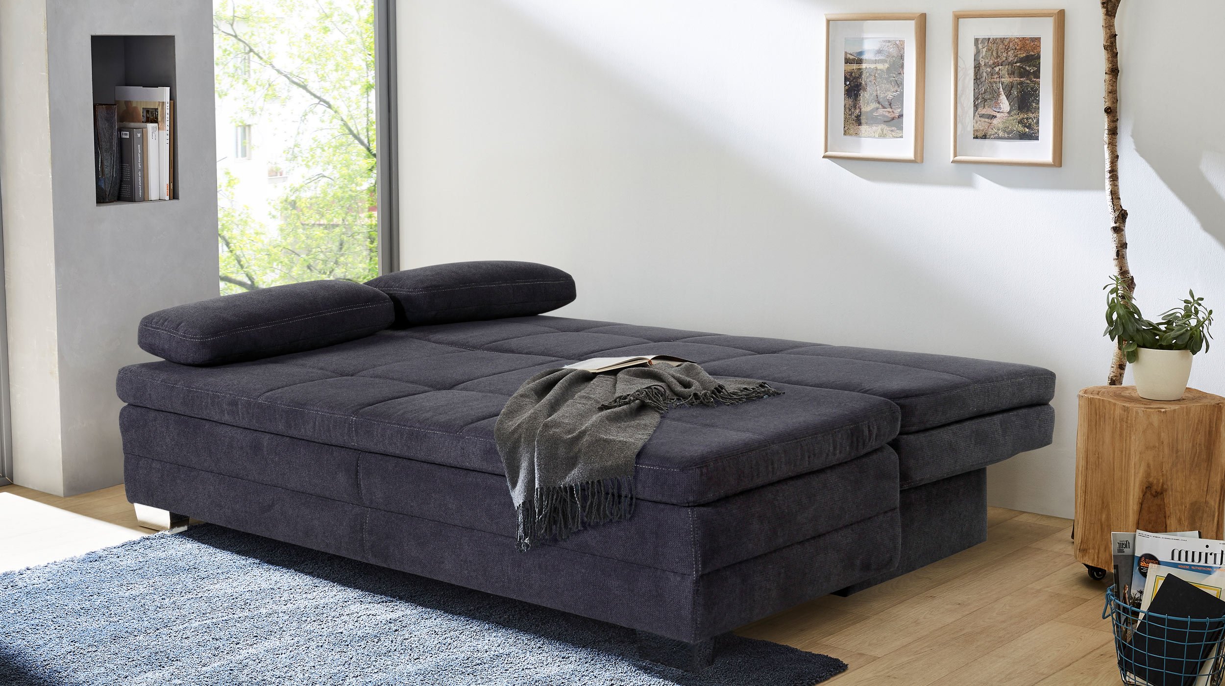 Schlafsofa dunkelblau inkl. Topper - Bettkasten 203 cm - LINDAU