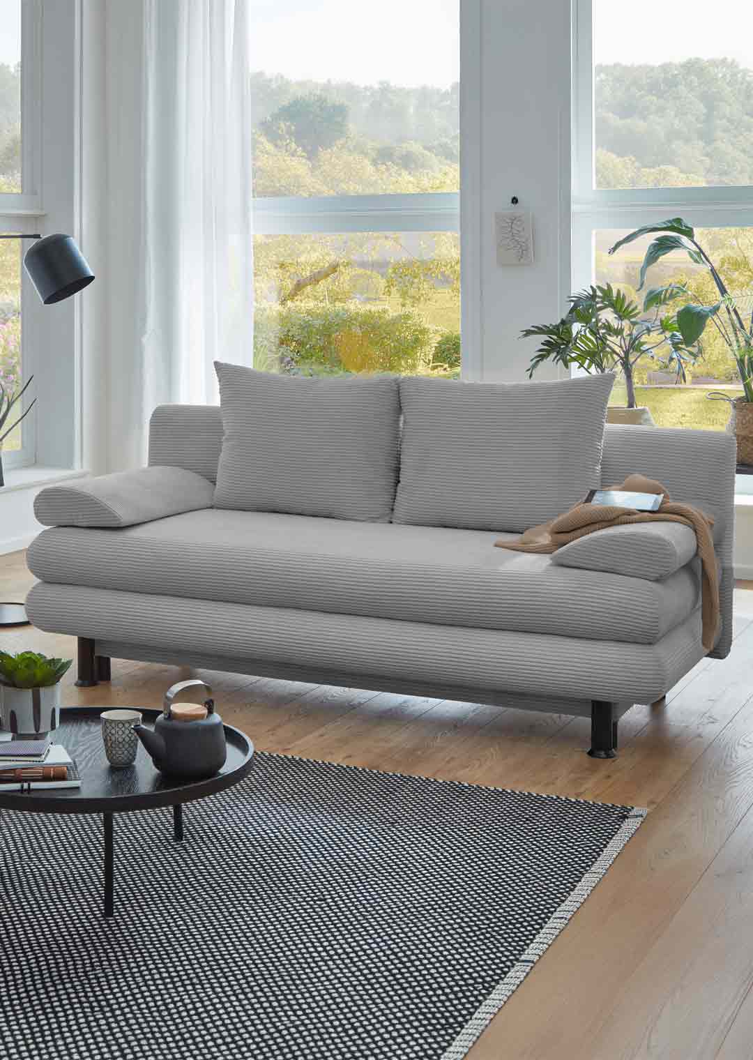 Schlafsofa BAREND in Cord grau mit Bettkasten