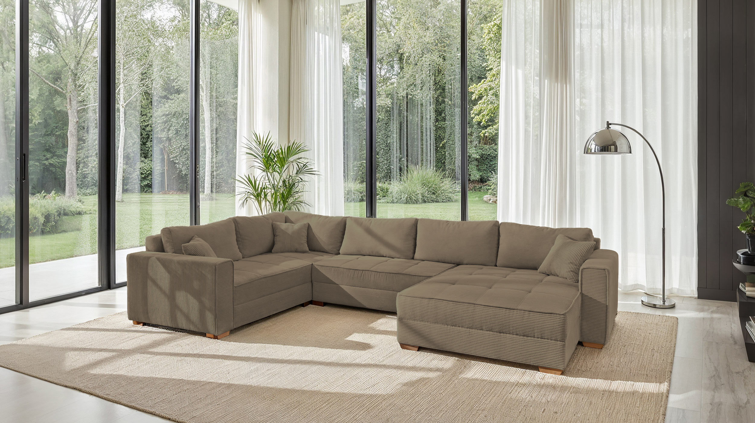 Wohnlandschaft Schlaffunktion Cord taupe Bettkasten 379 cm - ALBA