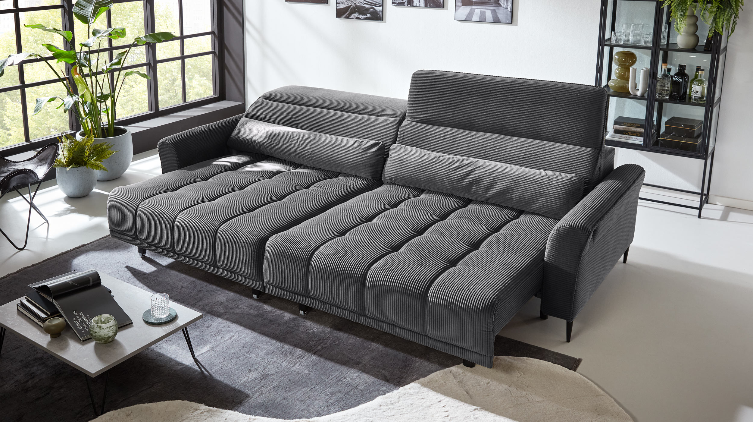 Big Sofa Cord grau ausziehbar - Sitztiefenverstellung - 280 cm - LOGAN 