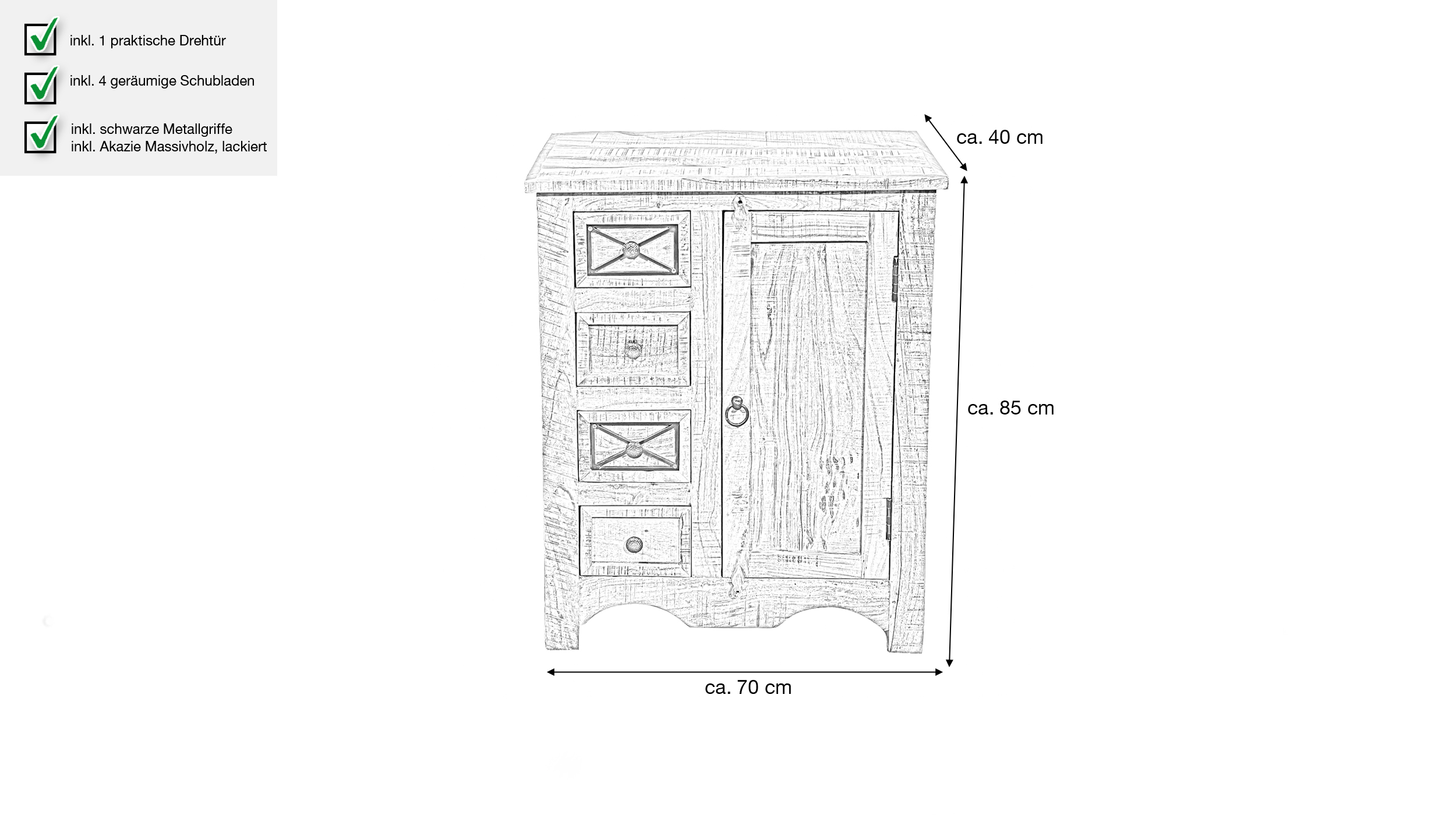 Sideboard 70 cm Akazie massiv lackiert montiert 70 cm - ACANO