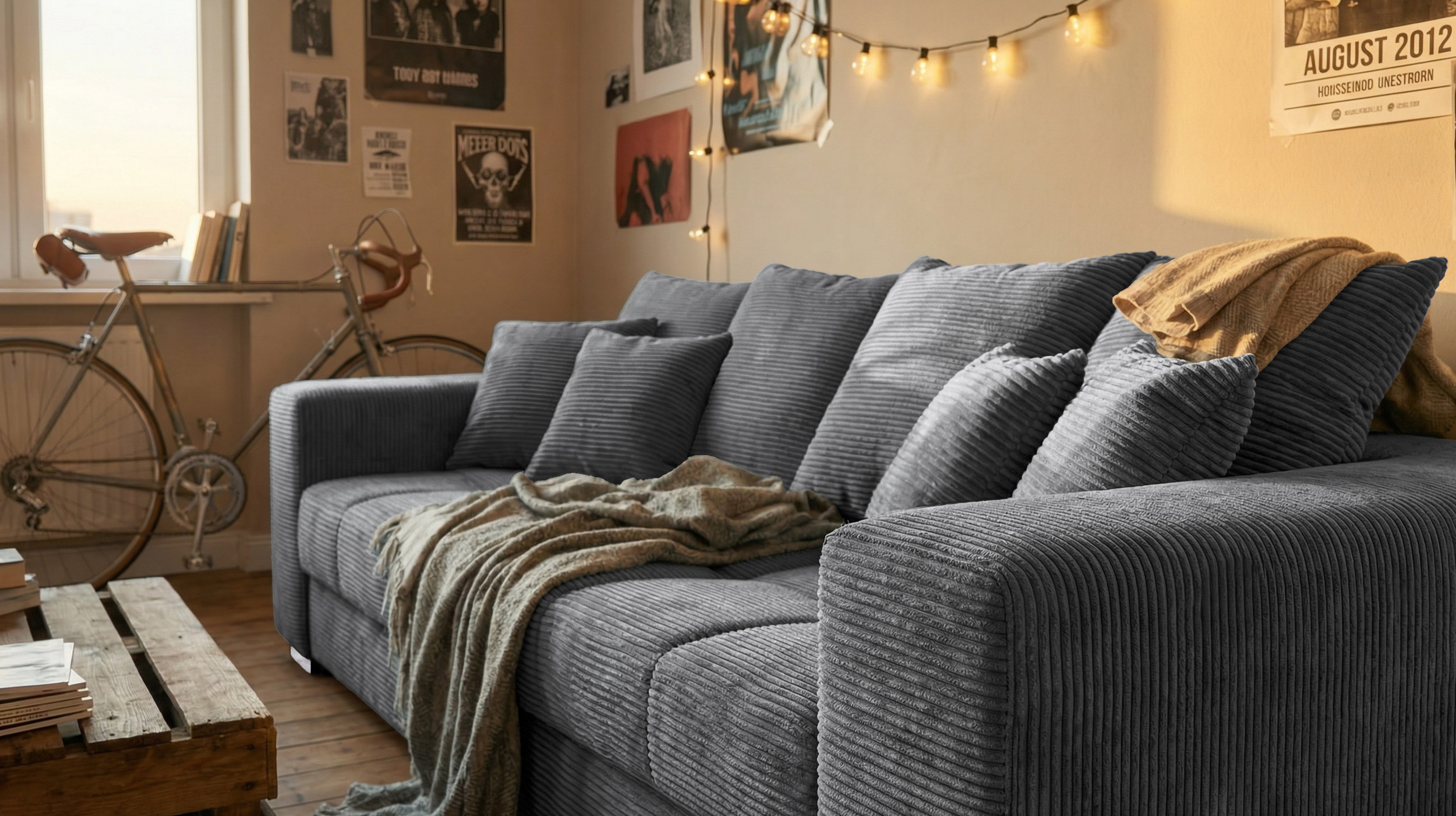 Big Sofa Cord grau - Nosagunterfederung - 254 cm - BORNEO