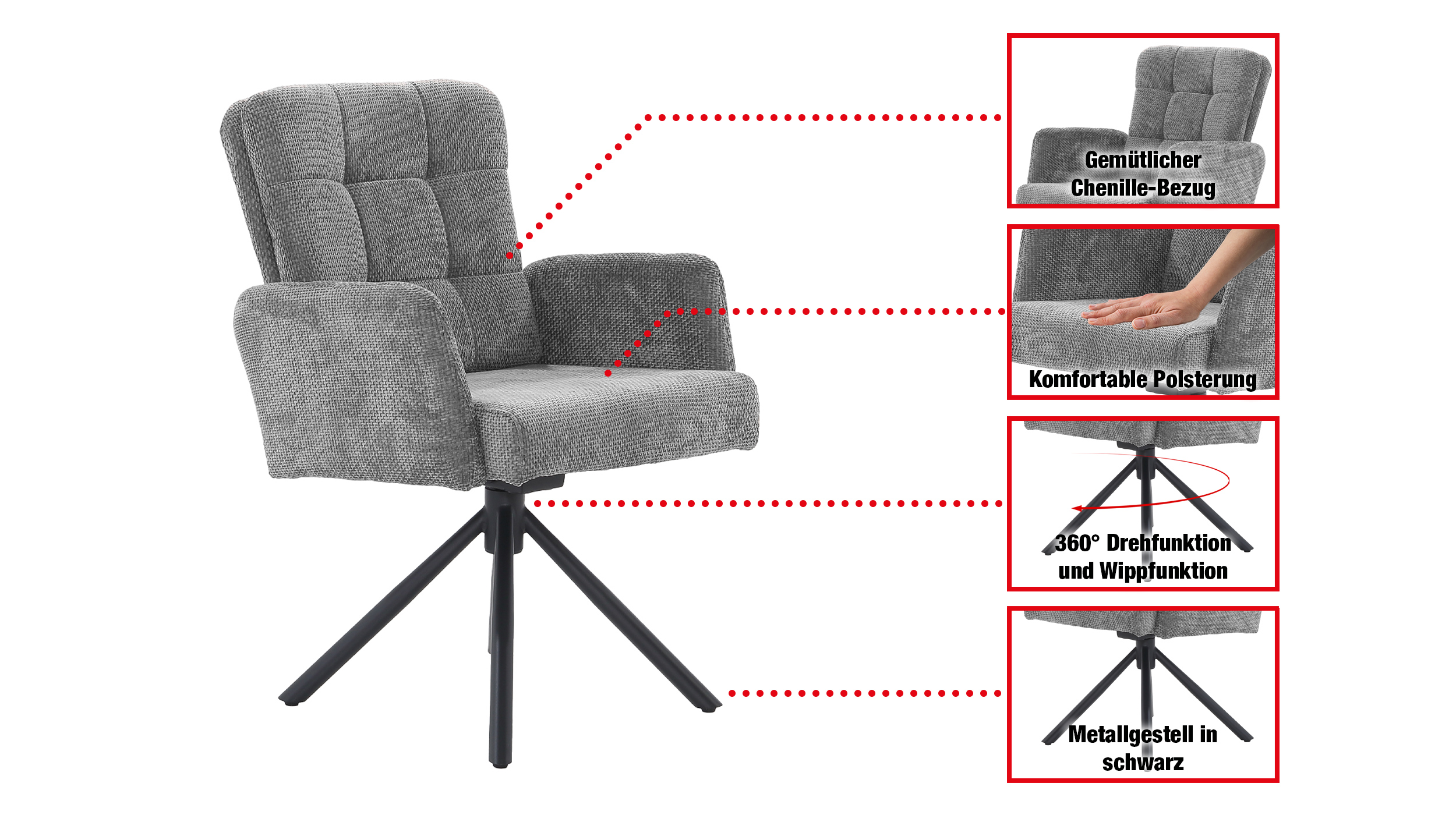 Armlehnstuhl grau Drehstuhl Taschenfederkern Chenille - HEDIA