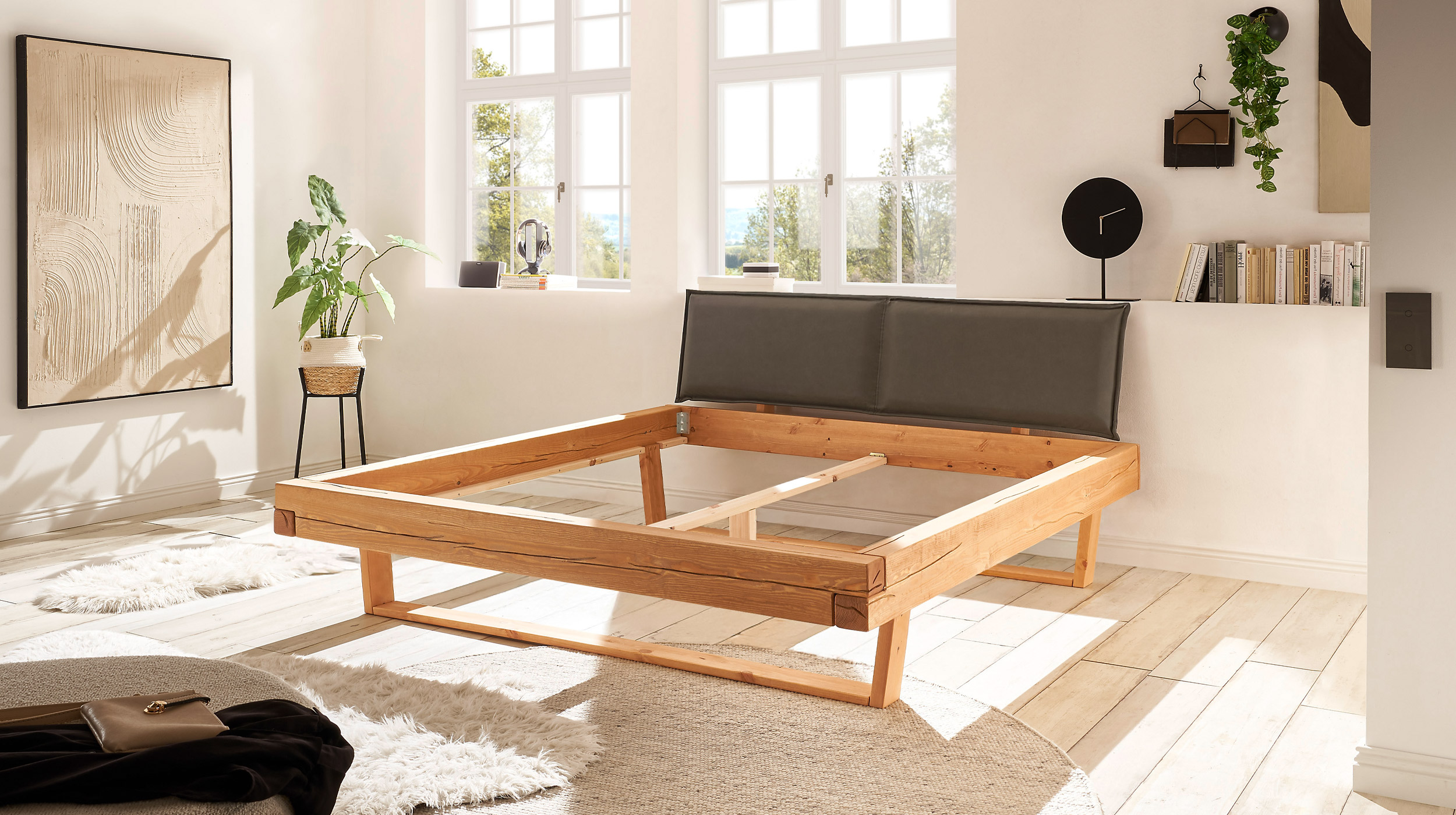 Balkenbett 180 cm Kiefer massiv Polsterkopfteil - U-Gestell - JOREN