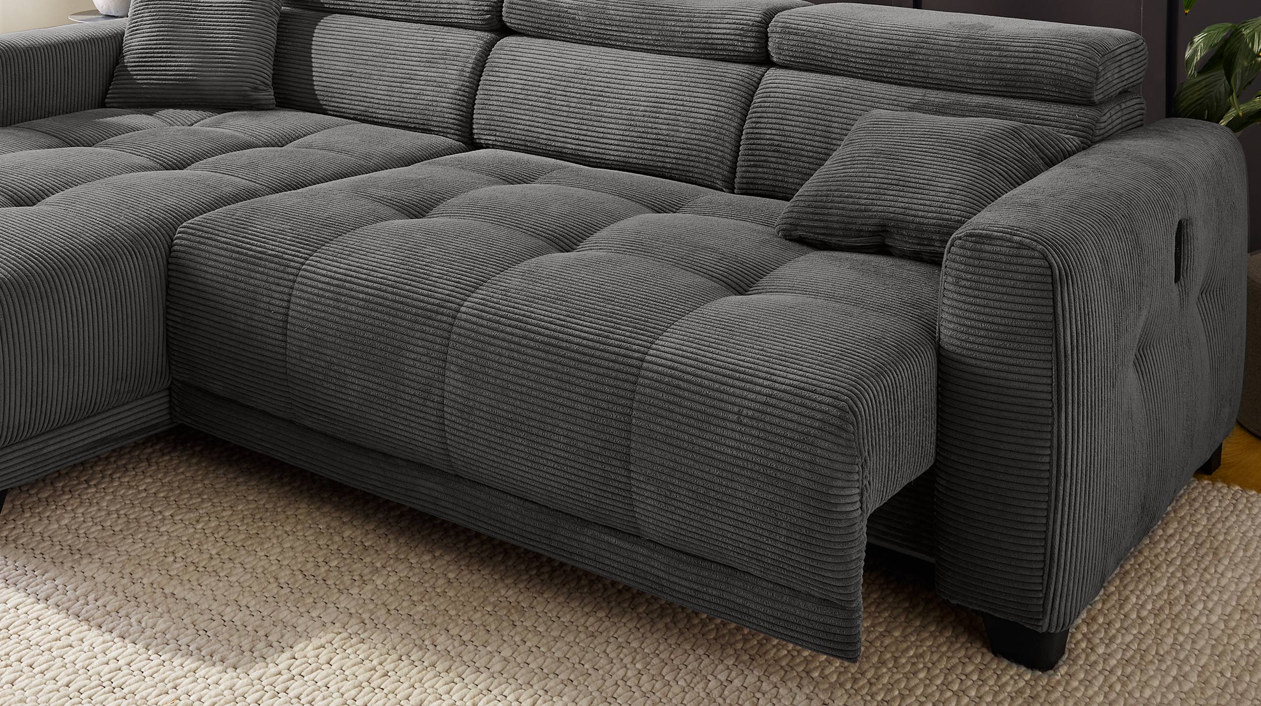 Ecksofa Cord grau 263 cm elektrisch ausfahrbar - CREMONA