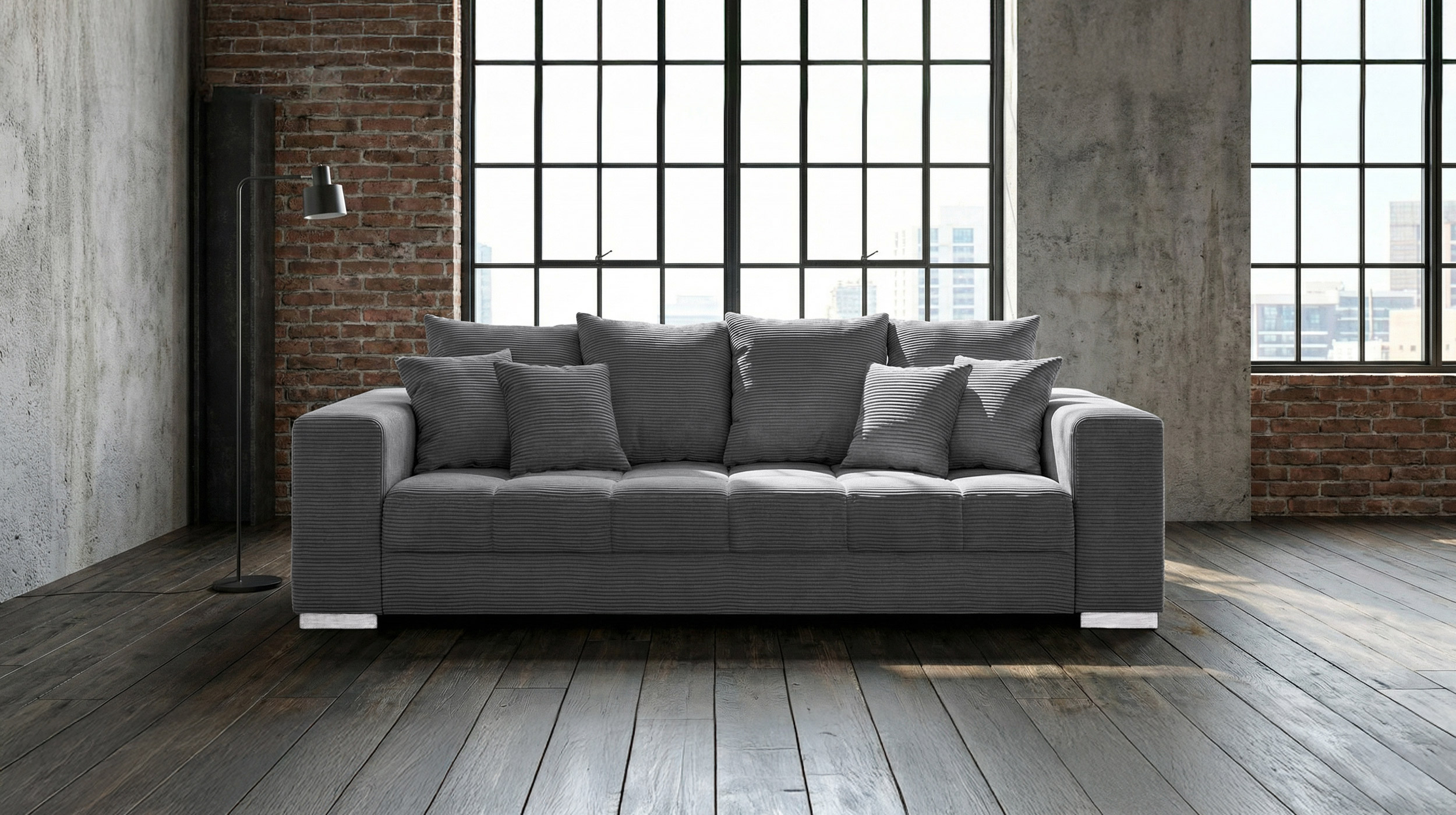 Big Sofa Cord grau - mit Nosagunterfederung - 254 cm - BORNEO