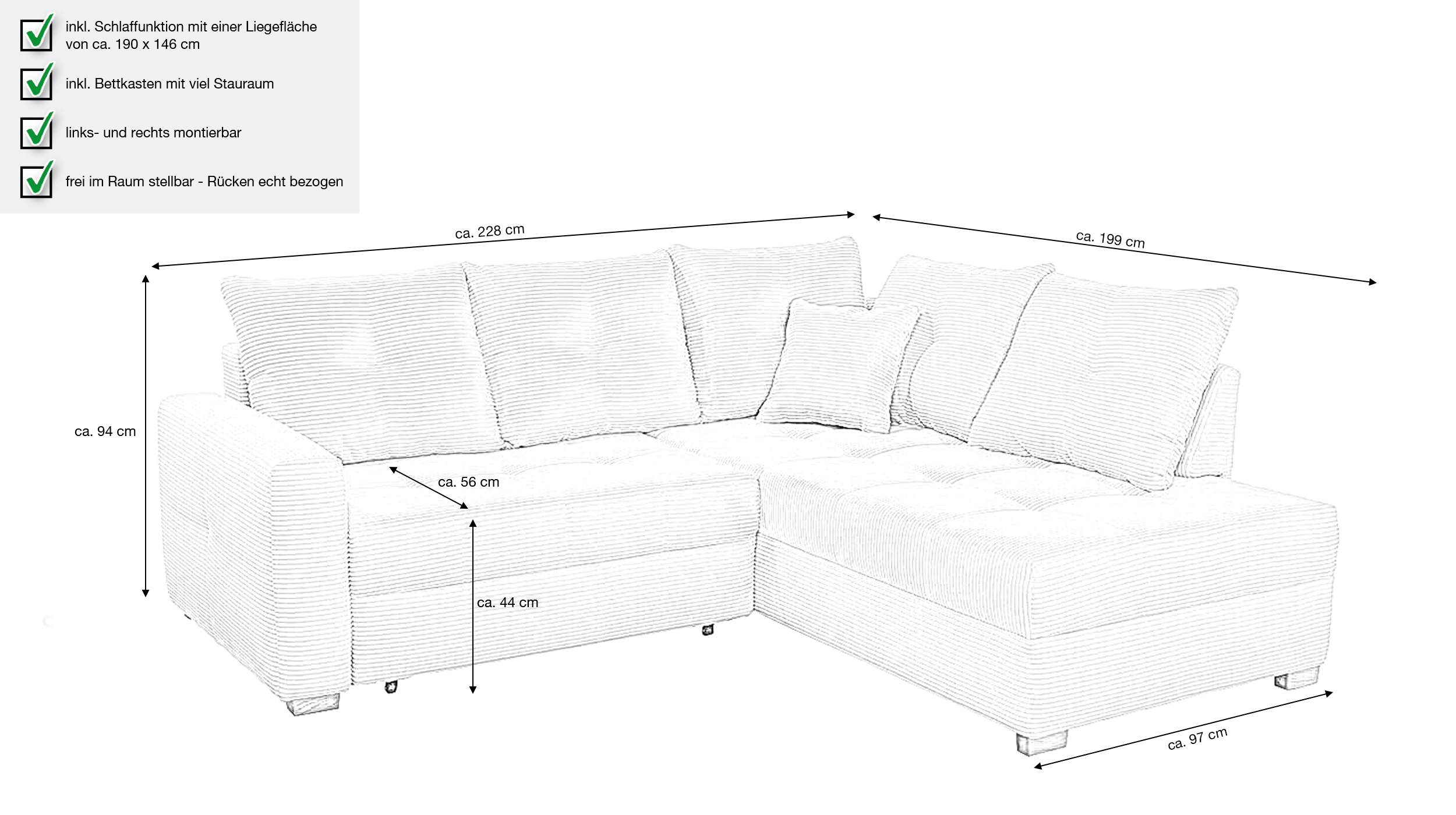 Ecksofa Cord taupe - Schlaffunktion Bettkasten 228 cm - HEIDELBERG
