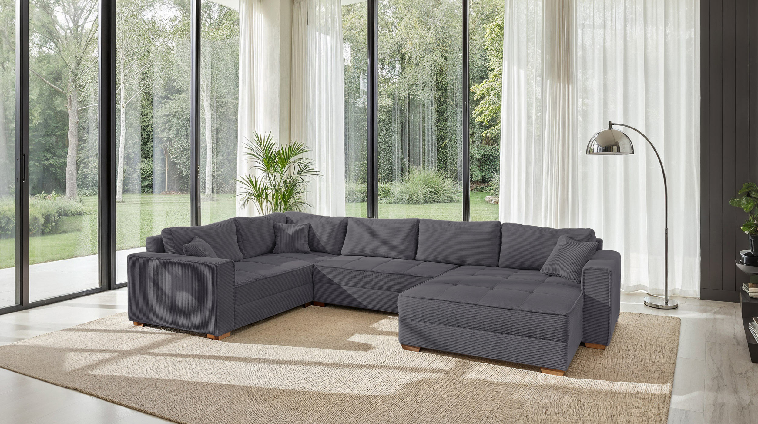 Wohnlandschaft Schlaffunktion Cord grau Bettkasten 379 cm - ALBA