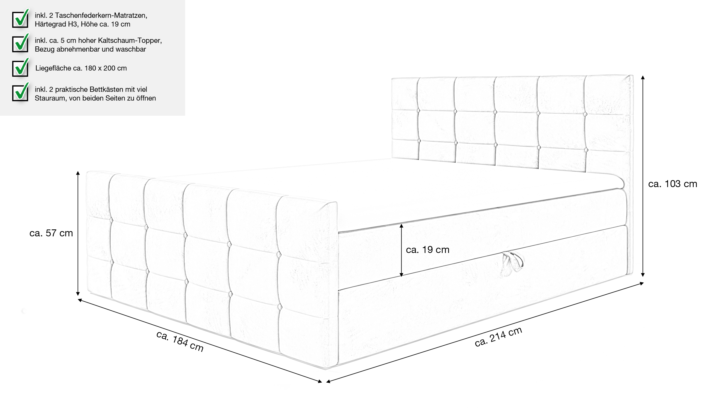 Boxbett 180 x 200 cm mit Bettkasten grau Samtbezug - BERLIN