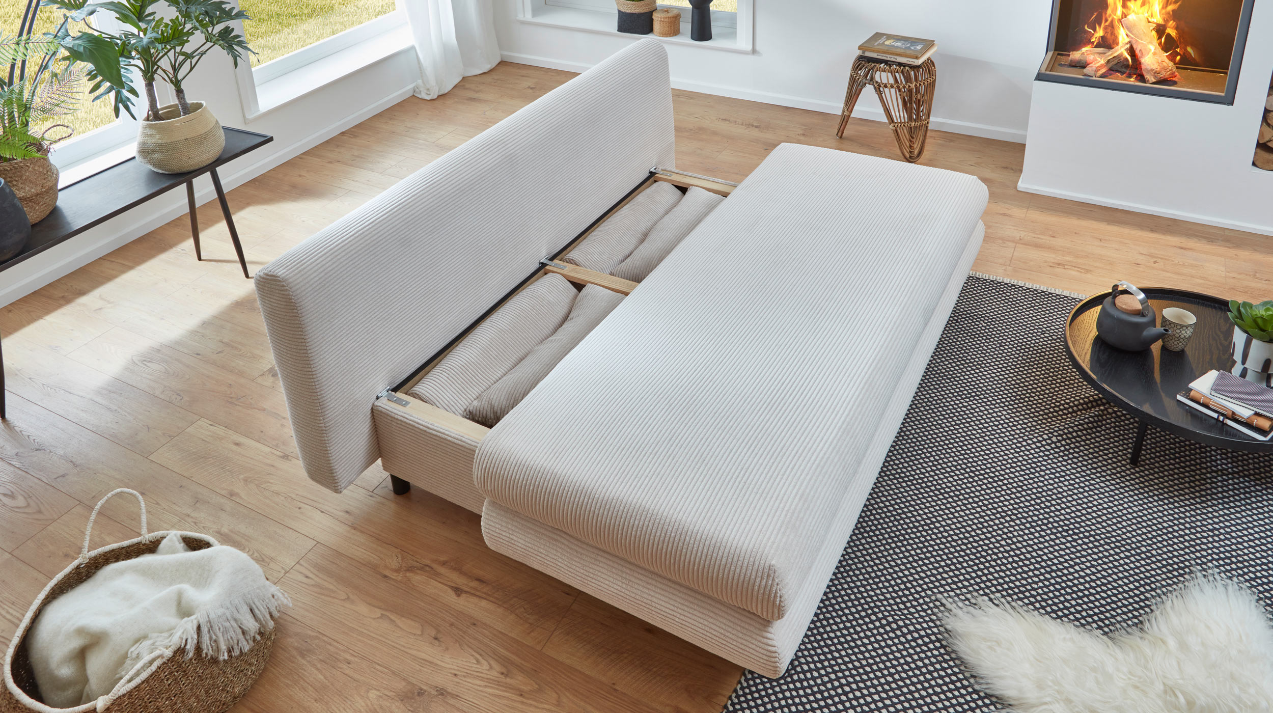 Schlafsofa Cord beige mit Bettkasten Federkern 190 cm - AVENDA
