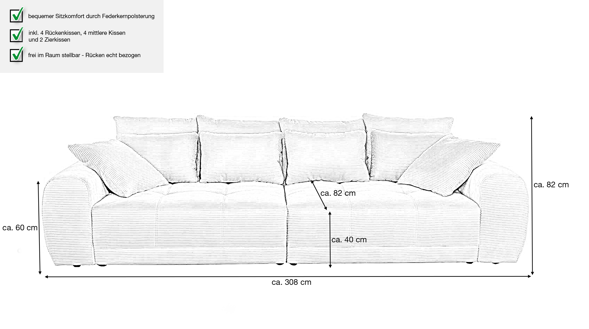 Big Sofa Cord grau - 308 cm - Federkern - JANNI