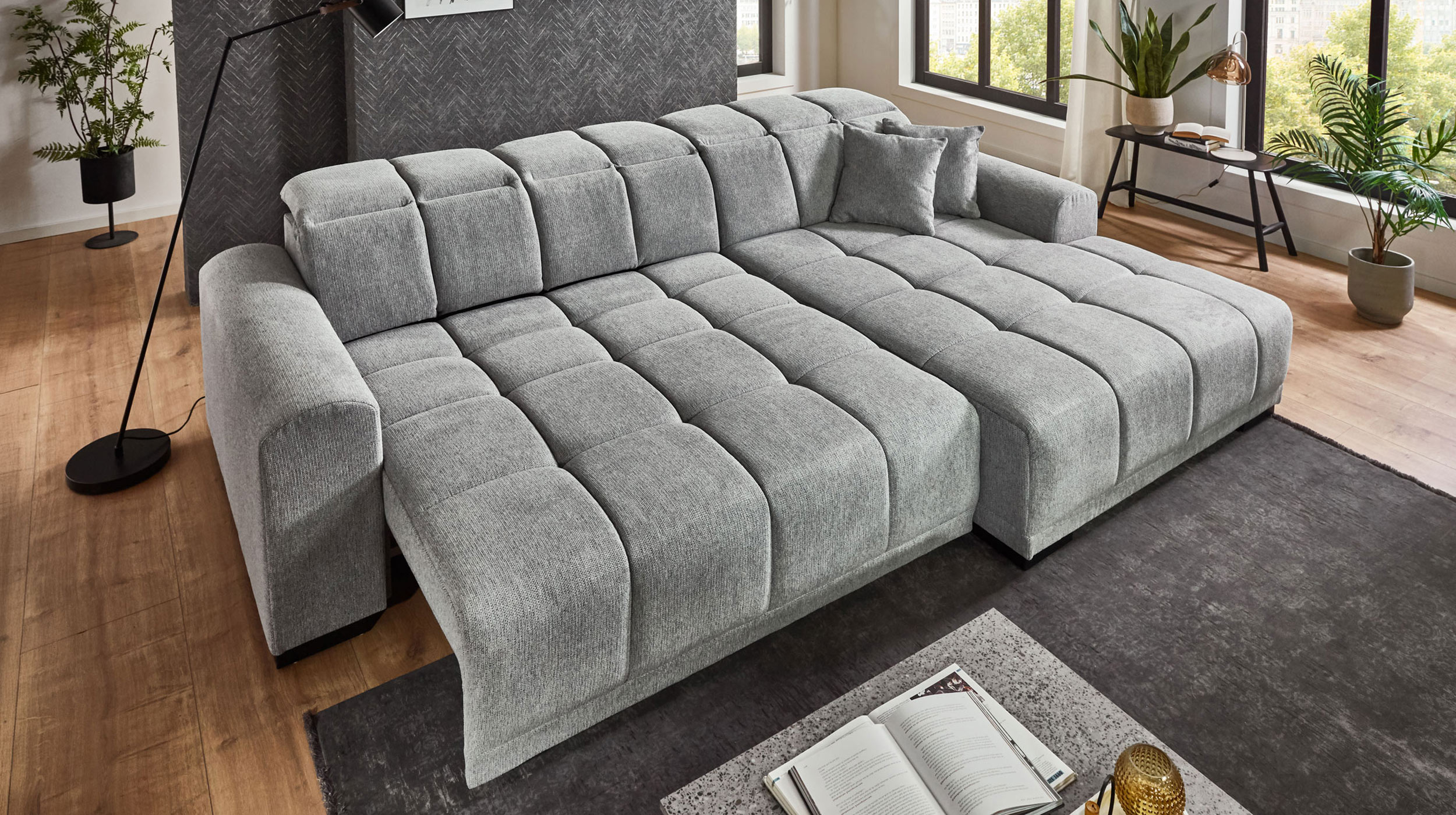 Ecksofa grau elektrisch ausfahrbar 301 x 195 cm - OT rechts - MASTER