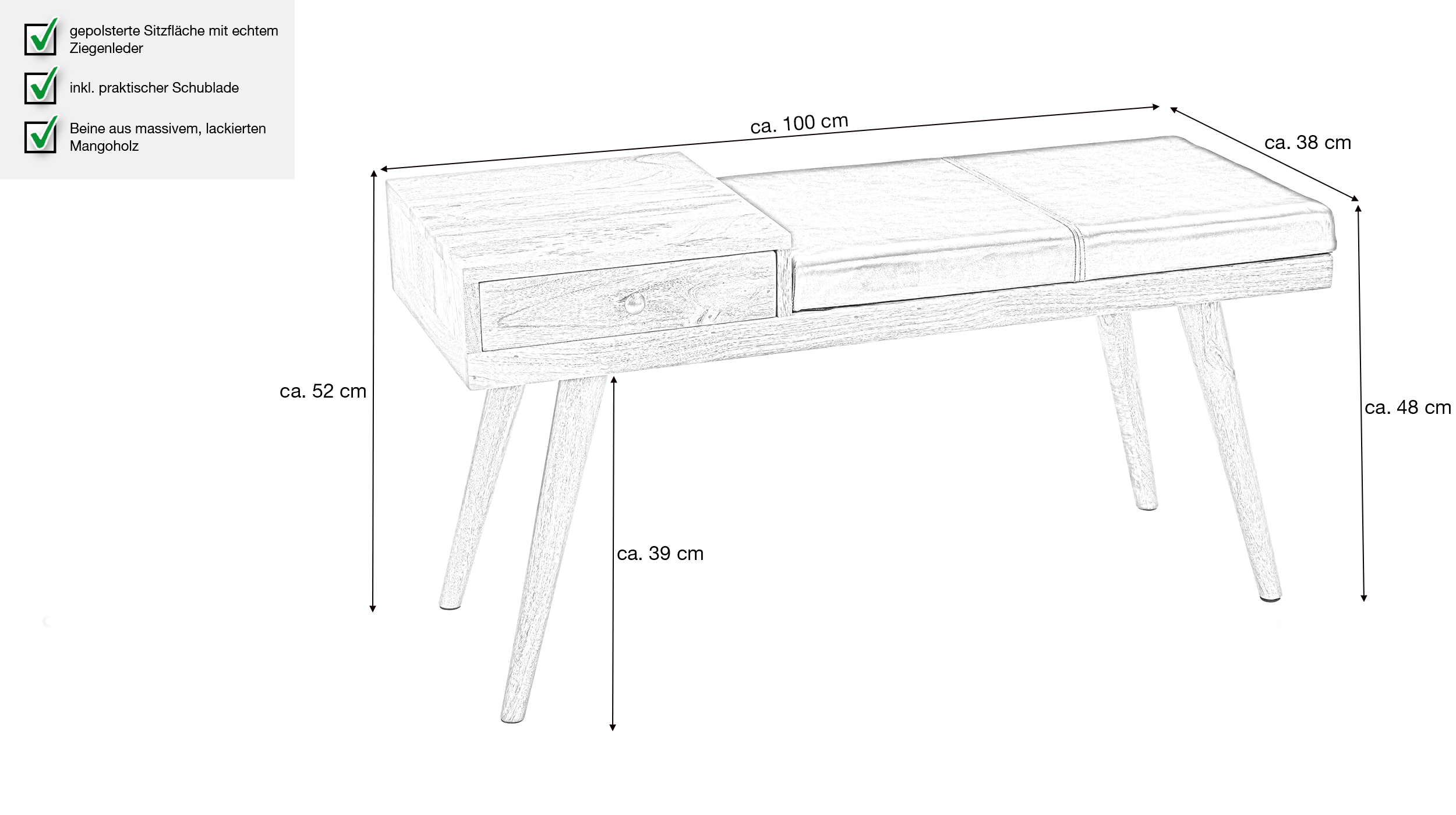 Sitzbank mit Schublade 100 cm Mangoholz massiv - Leder - ELKA 