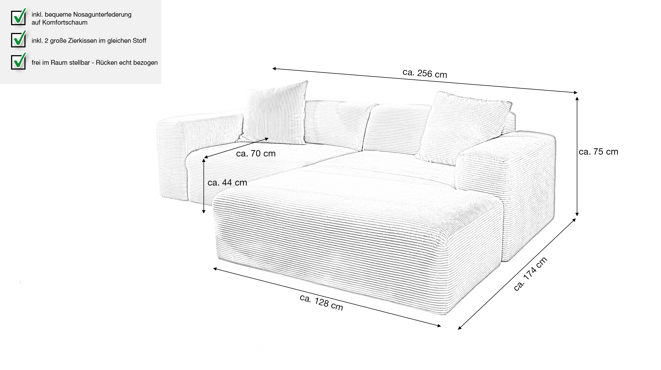 Ecksofa Cord creme 256 x 174 cm - TOMMY