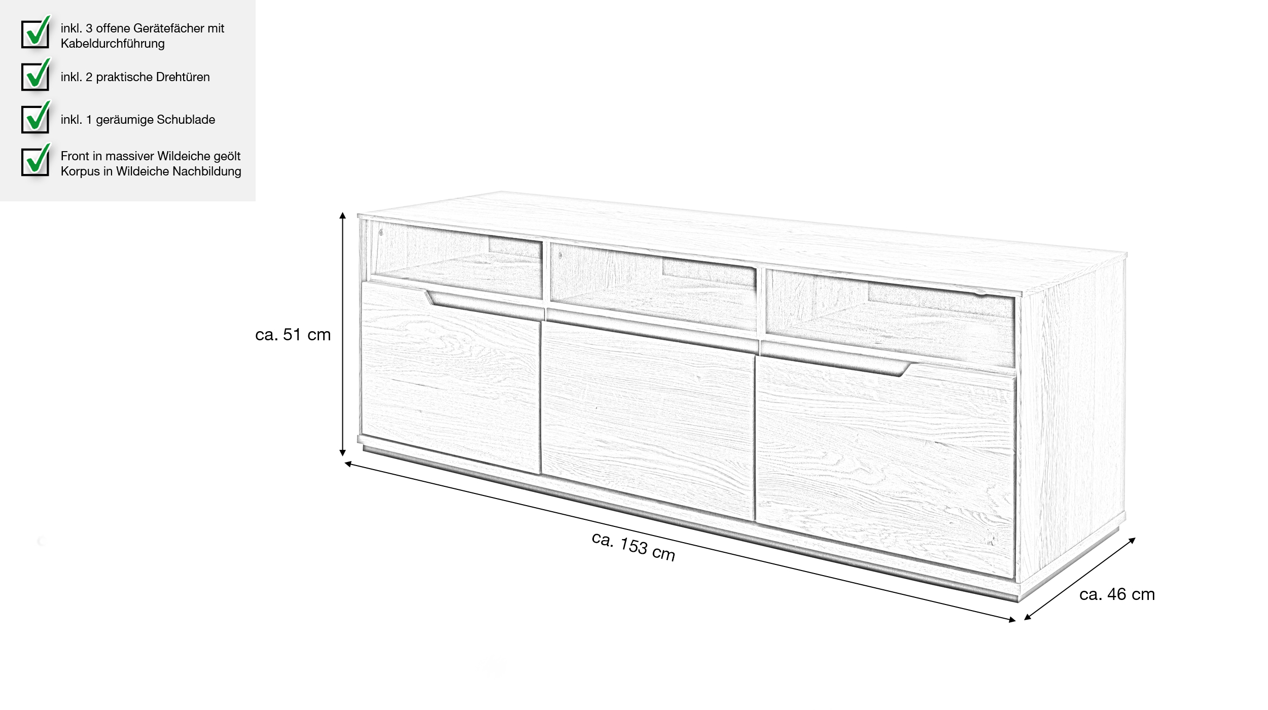 TV - Lowboard Wildeiche geölt teilmassiv 153 cm TV - Board - ARAYA