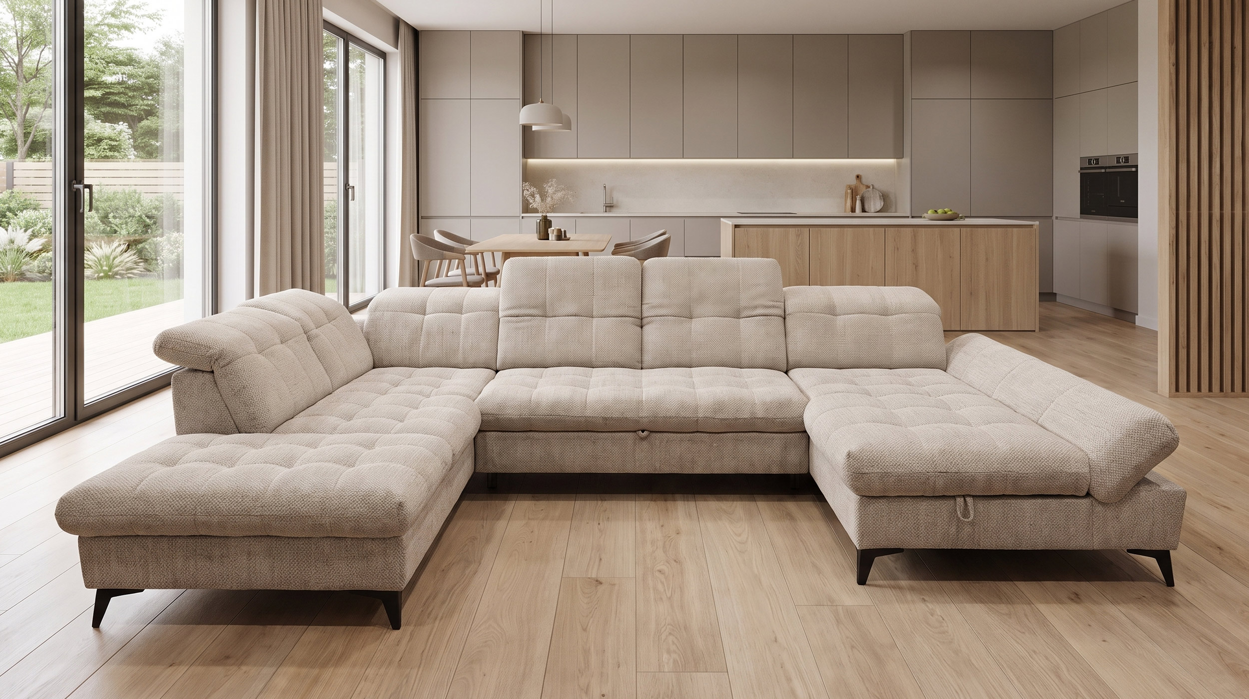 Wohnlandschaft Schlaffunktion Bettkasten Beige-Kaschmir - MERCY