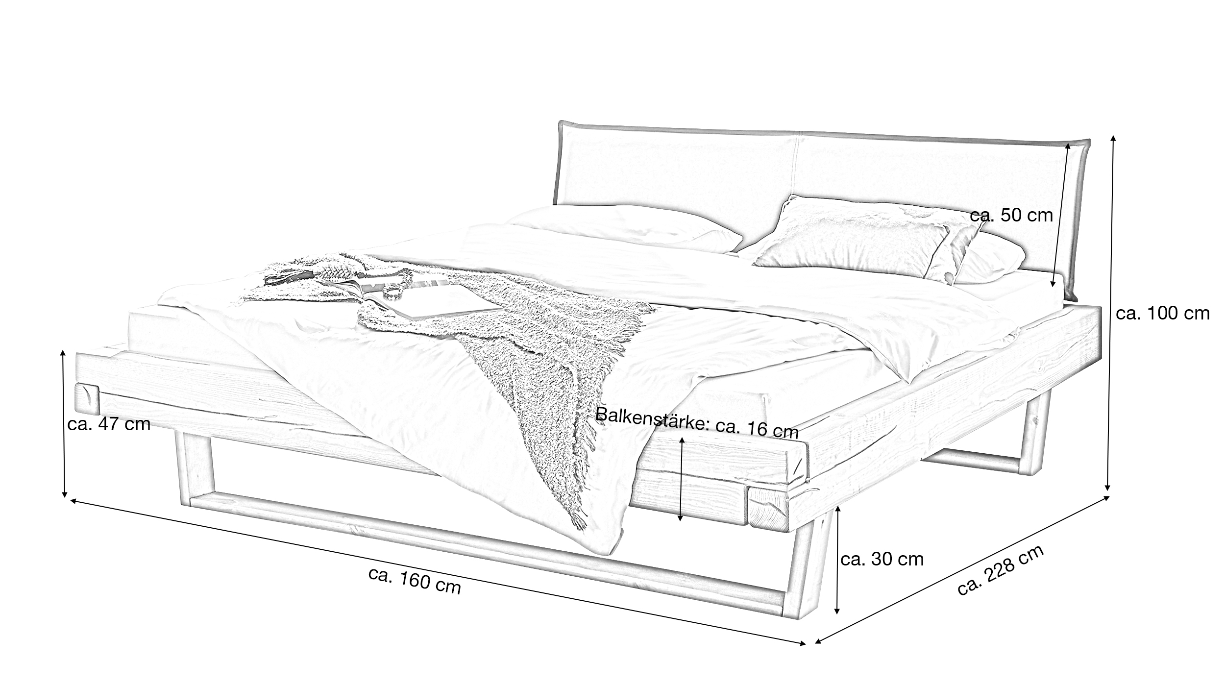 Balkenbett 140 cm Kiefer massiv Polsterkopfteil - U-Gestell - JOREN
