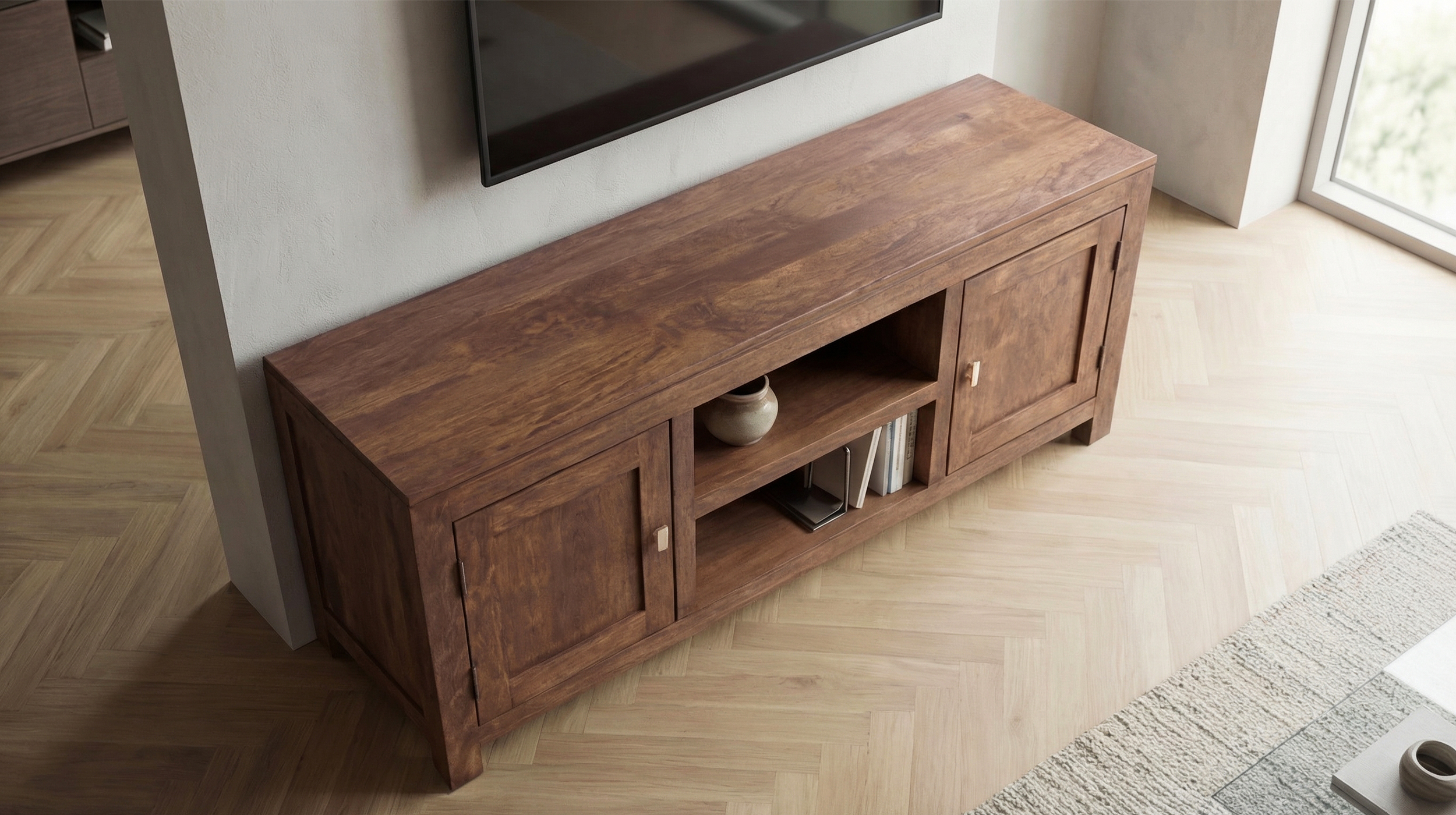 TV-Lowboard Mango massiv gebeizt montiert 145 cm - MANGALA