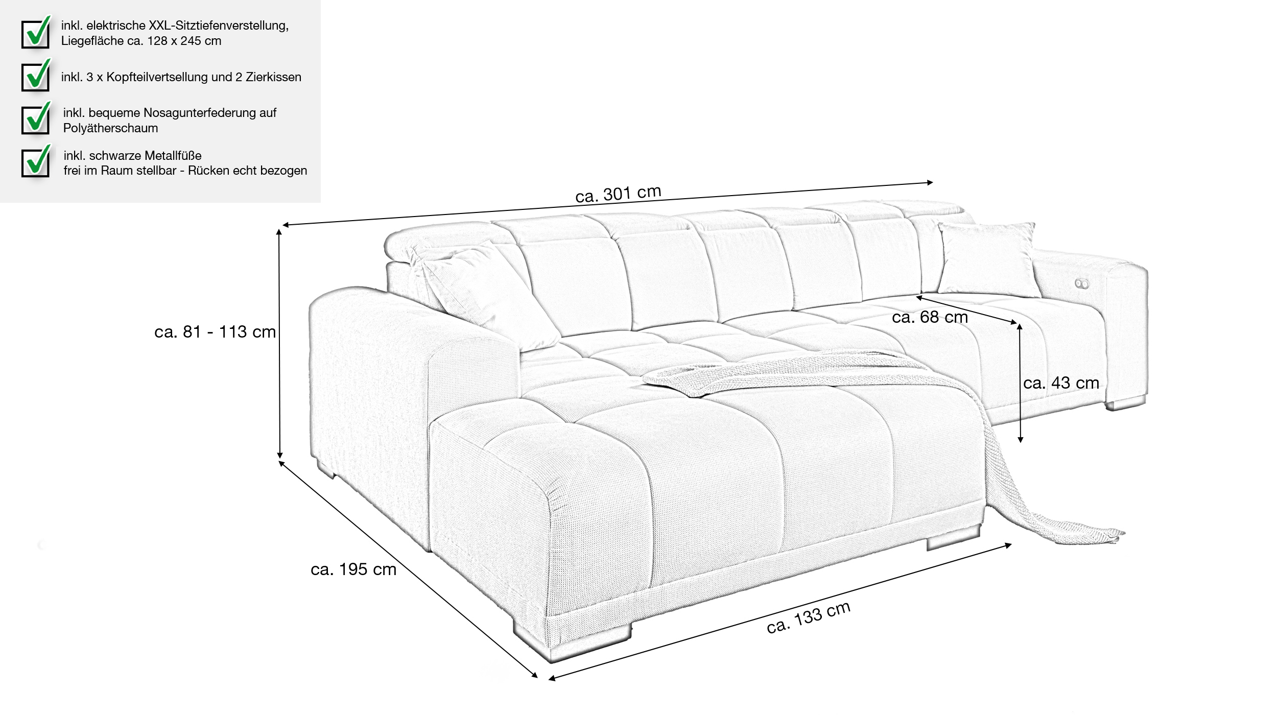 Ecksofa grau 301 x 195 cm - Sitztiefenverstellung - MASTER