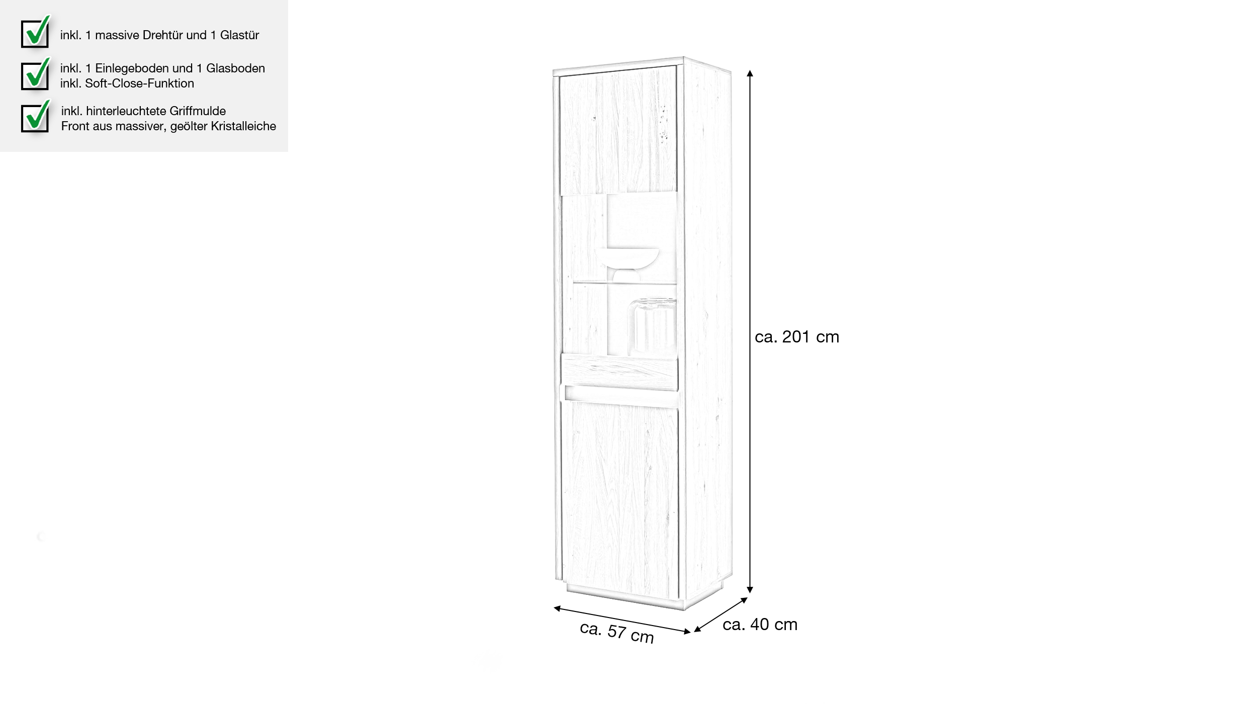 Vitrine mit Beleuchtung Kristalleiche massiv geölt Breite 57 cm - LARVIK