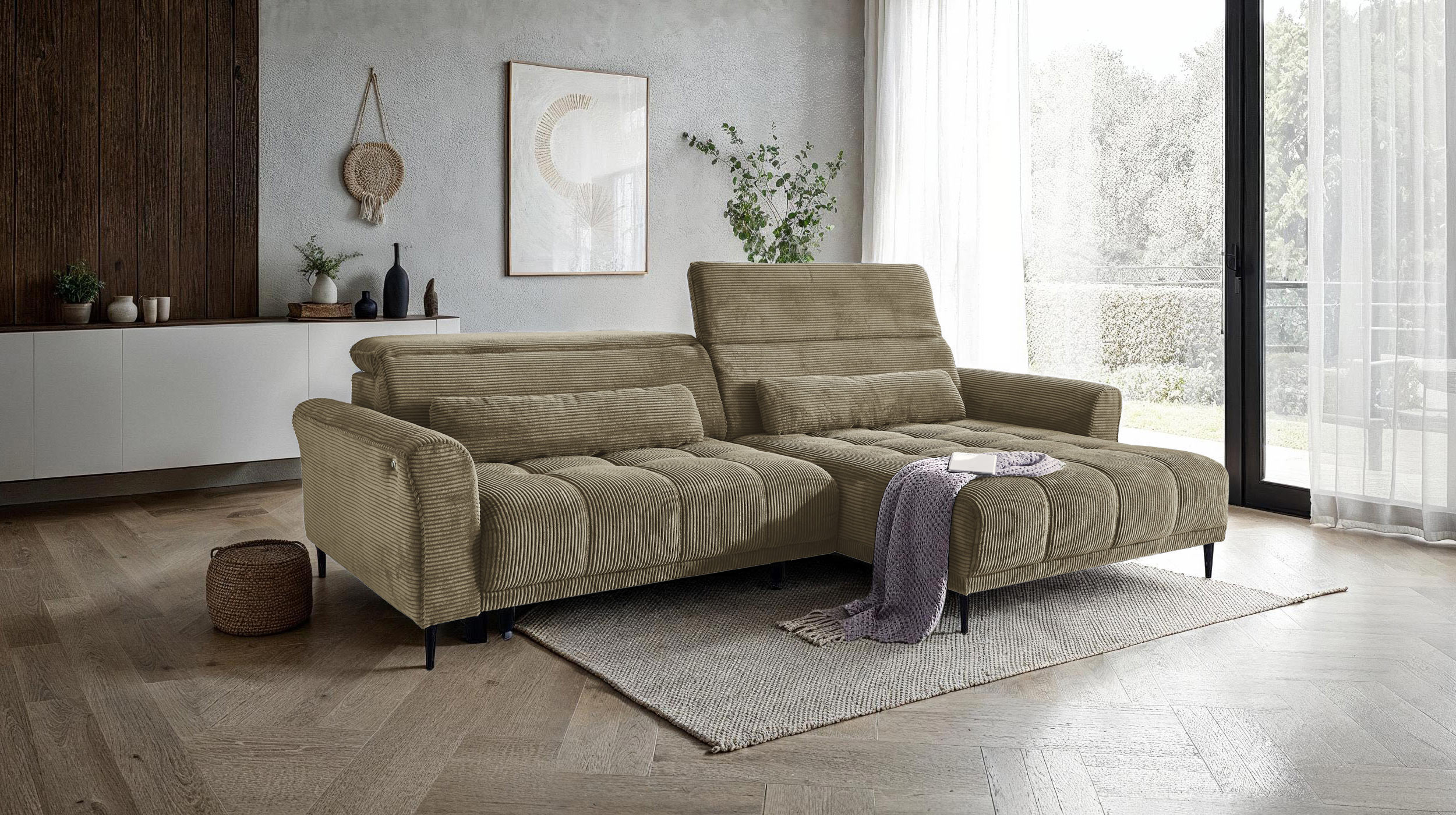 Ecksofa Cord grün ausziehbar - Sitztiefenverstellung - 277 cm - OT rechts - LOGAN