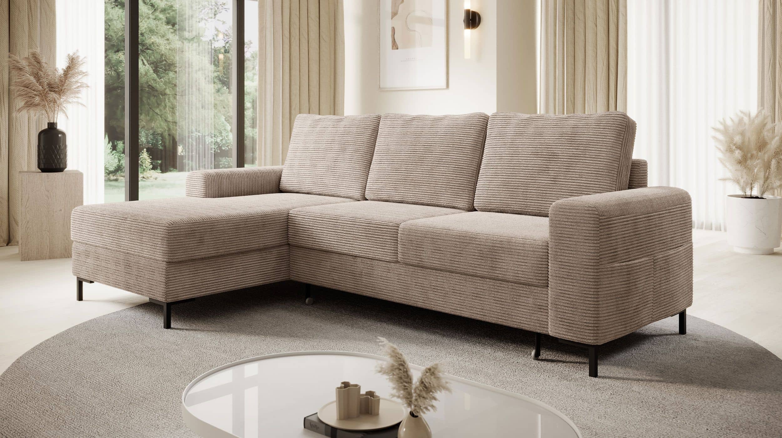 Ecksofa Cord creme mit Schlaffunktion 240 x 150 cm Bettkasten - LORENO