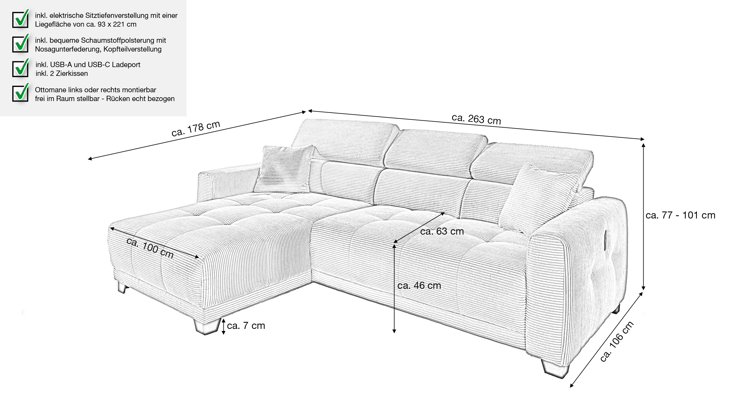 Ecksofa Cord grau 263 cm elektrisch ausfahrbar - CREMONA