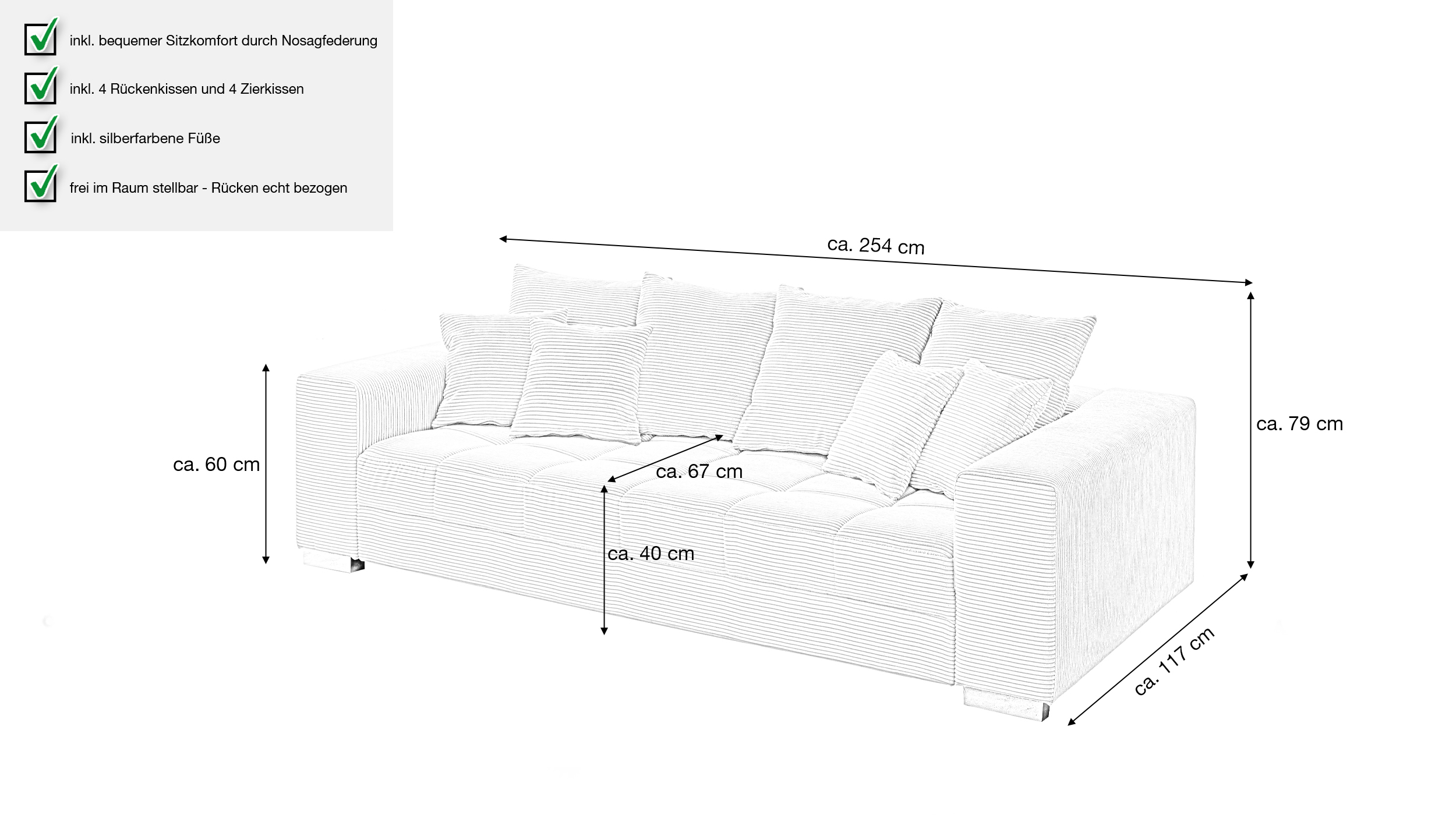Big Sofa Cord grau - mit Nosagunterfederung - 254 cm - BORNEO