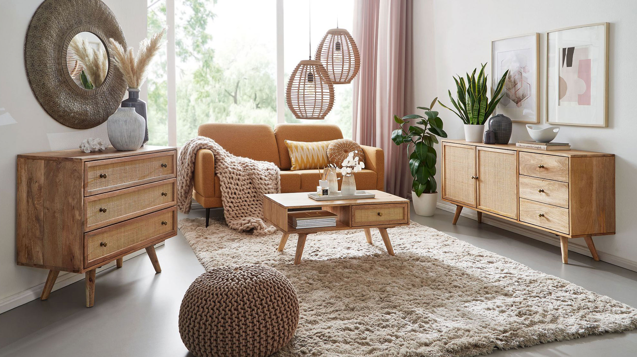 Sideboard mit 3 Schubladen Mango massiv - Rattan 140 cm - RIKARD
