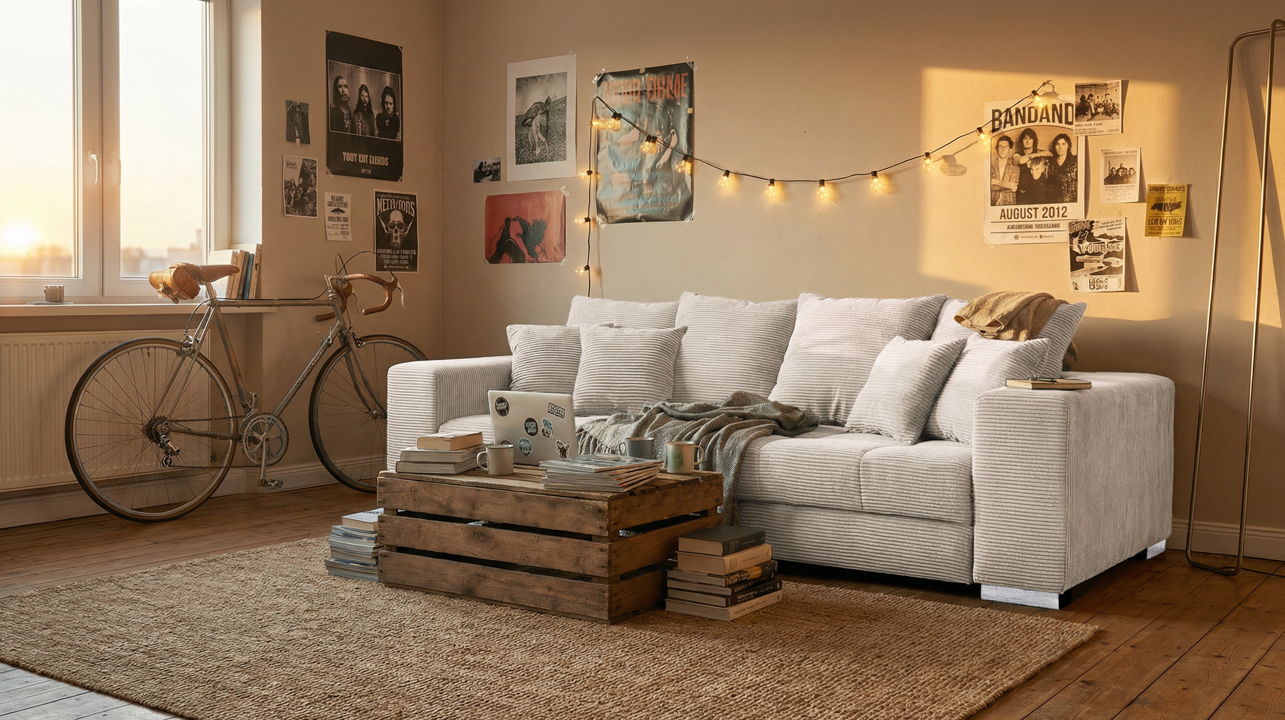 Big Sofa Cord beige - 254 cm - Nosagunterfederung - BORNEO