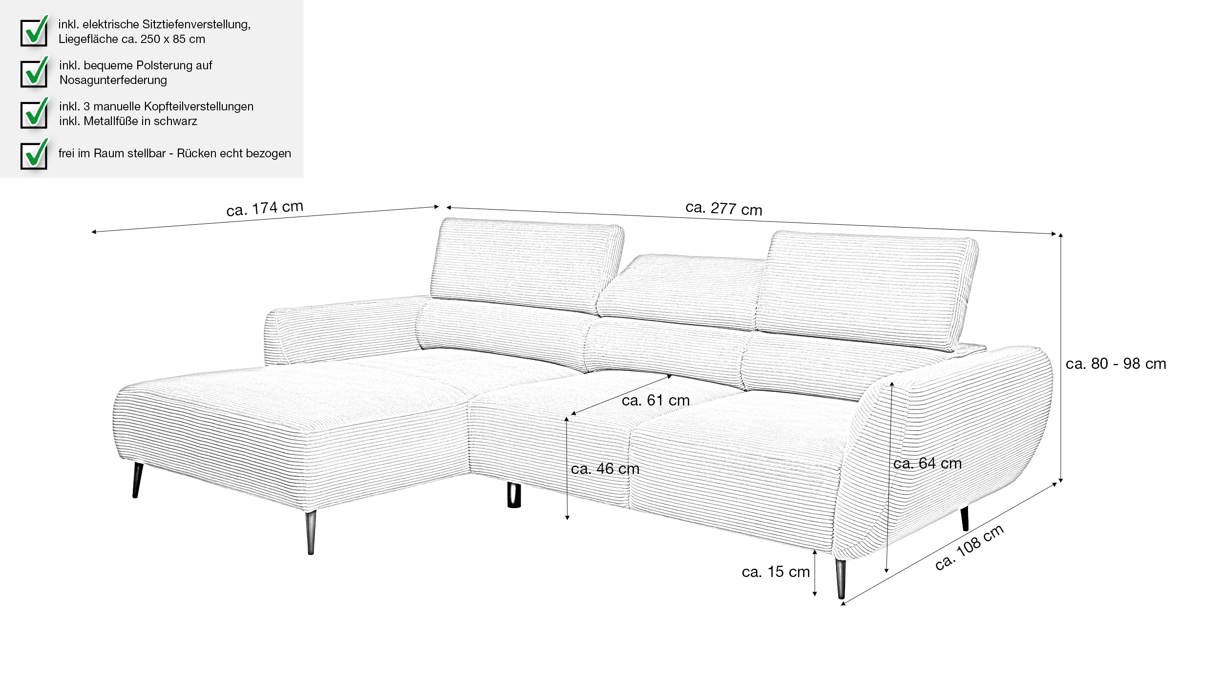 Ecksofa Cord beige elektrisch ausfahrbar 277 cm - ALISSON