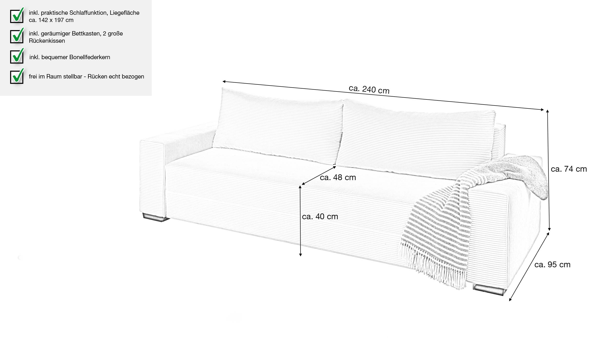 Schlafsofa Cord beige mit Bettkasten Federkern 240 cm - TRIER 