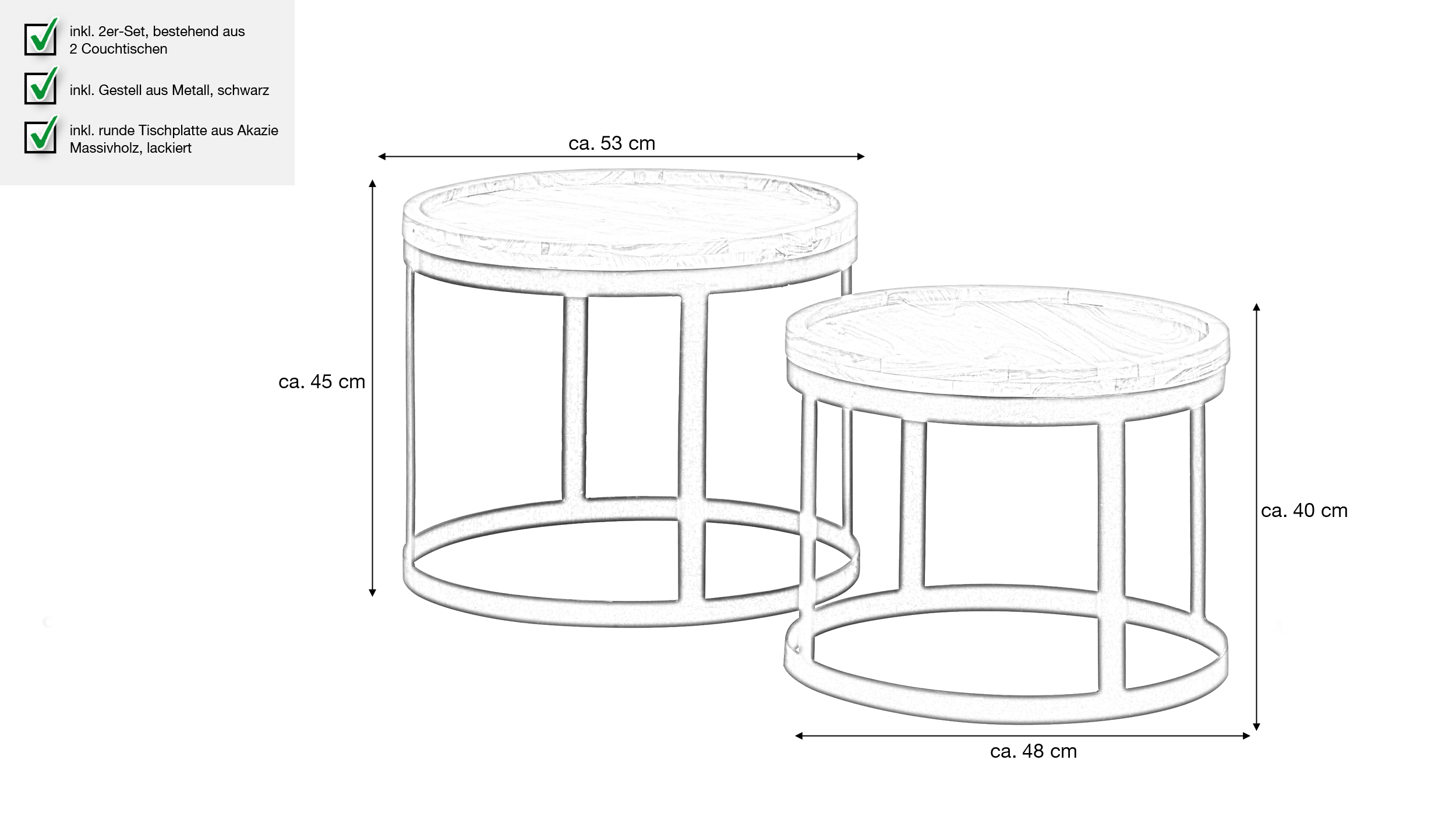 Couchtisch 2er-Set Akazie massiv lackiert - 53 cm - 48 cm - TAVA