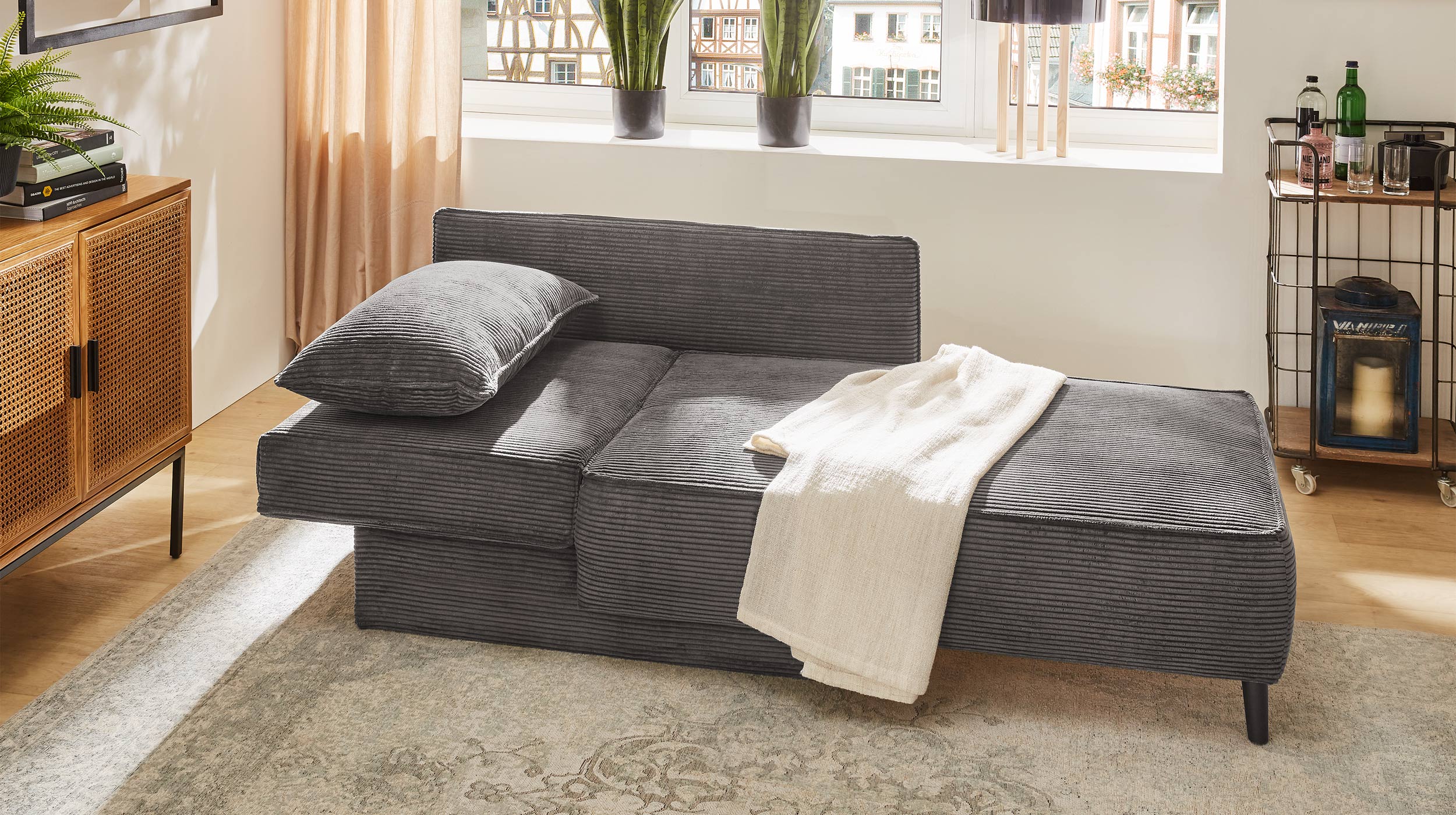 Einzelsofa Cord grau 155 cm Recamiere mit Schlaffunktion - REX