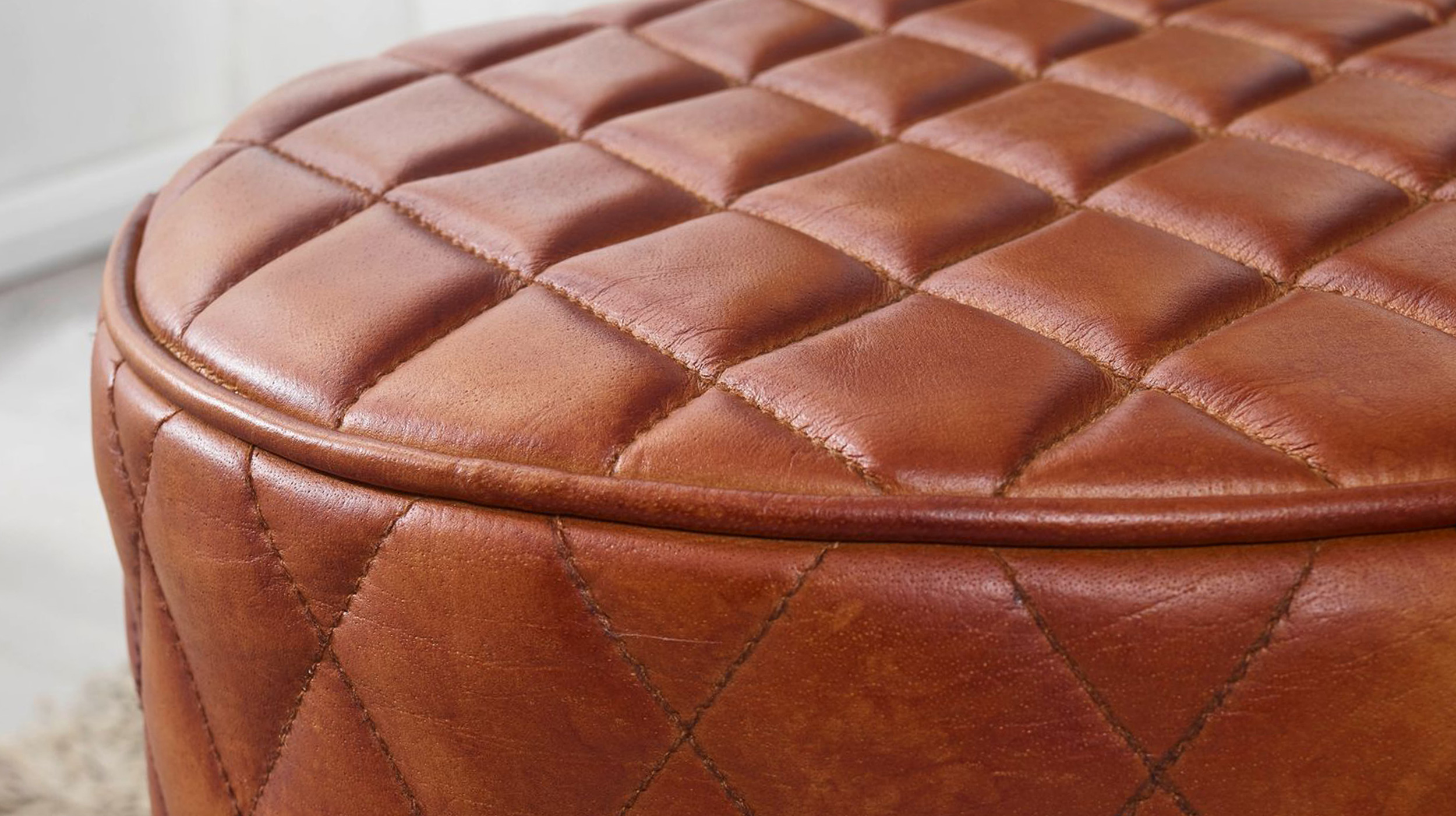 Sitz- & Fußhocker rund Echtleder braun - Mango massiv - RIST