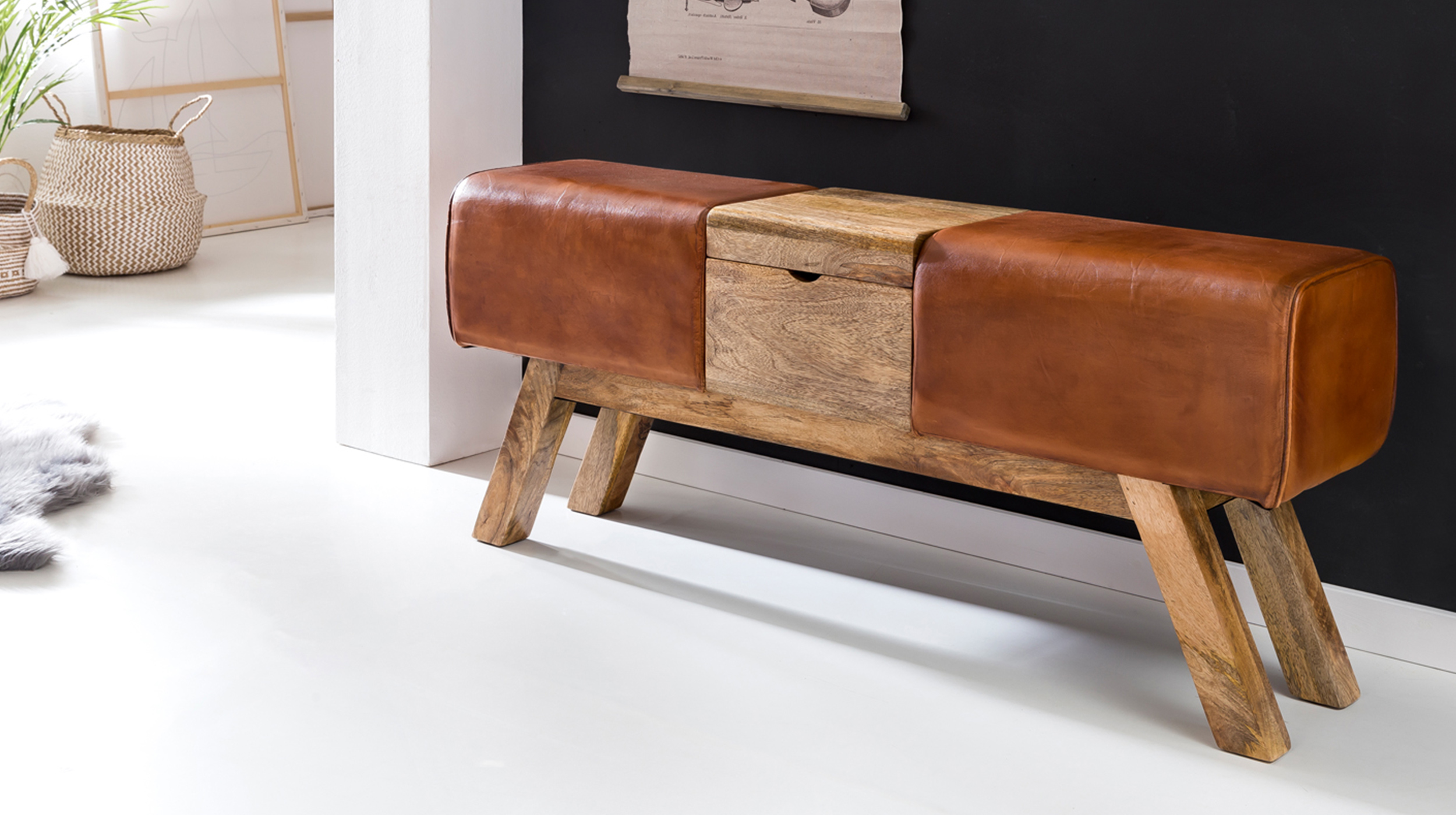 Sitzbank 120 cm echtes Leder braun Mango massiv - RANIS 