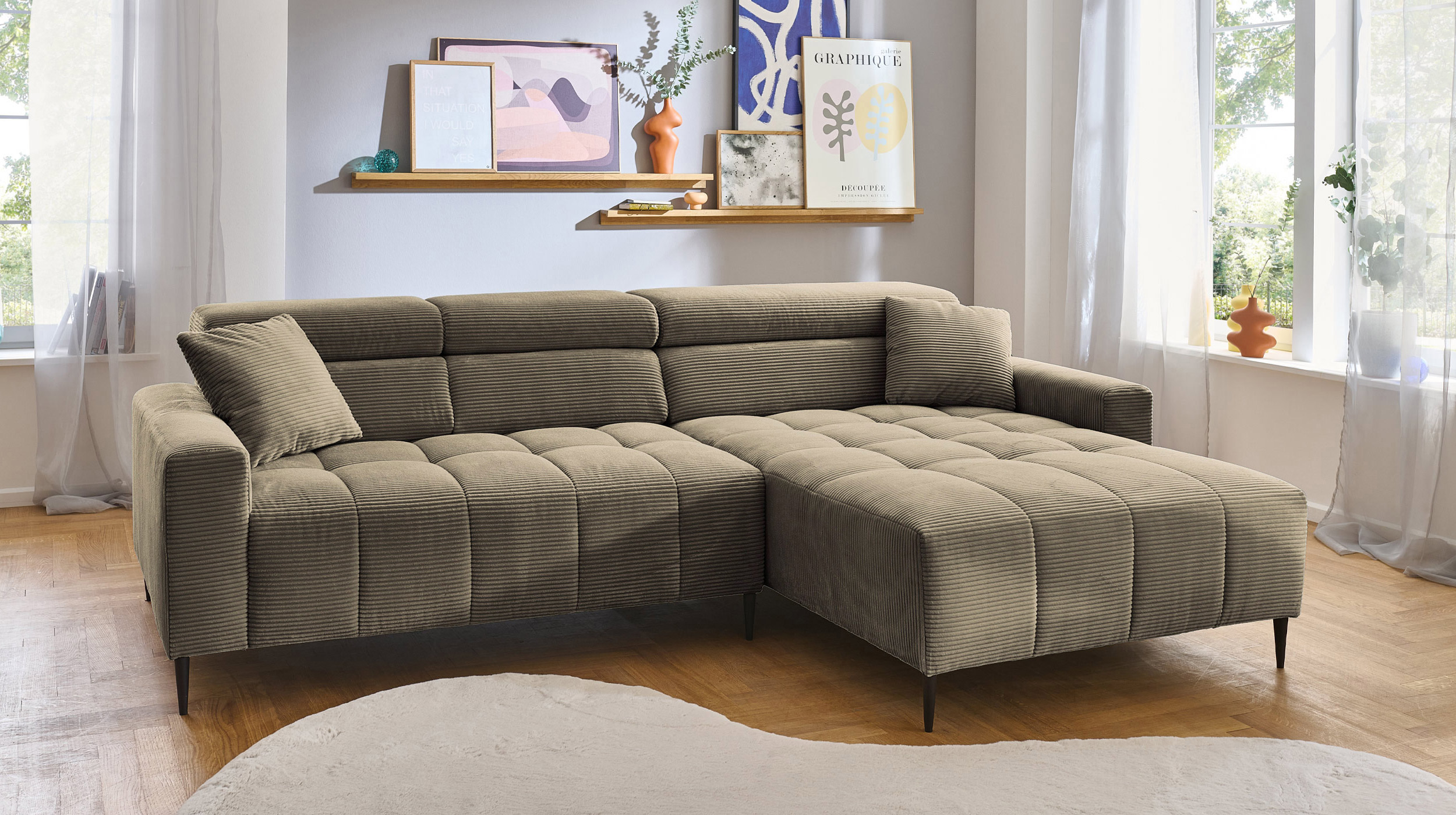 Ecksofa Cord grün elektrisch ausfahrbar 256 cm - OT rechts - SIMPLE